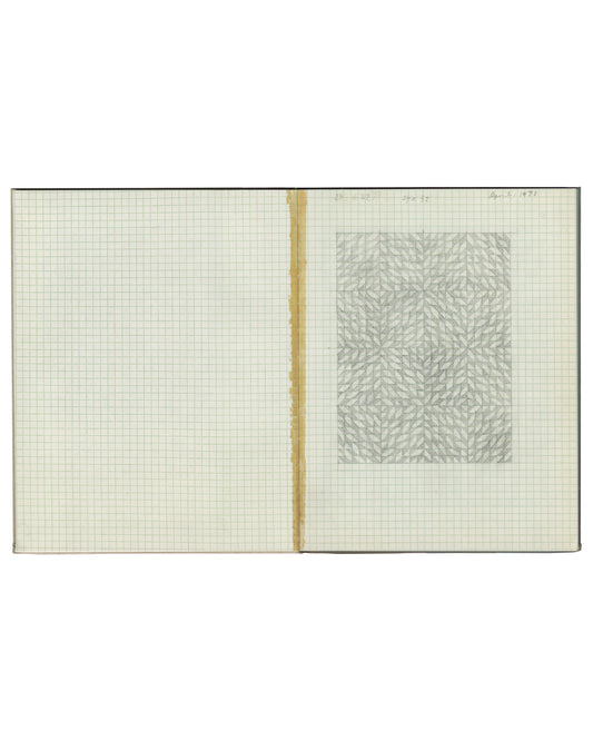 An open Anni Albers artist book on a plain white background, showing graph paper pages with a vertical gold binding strip and a square printed pattern on the right page.