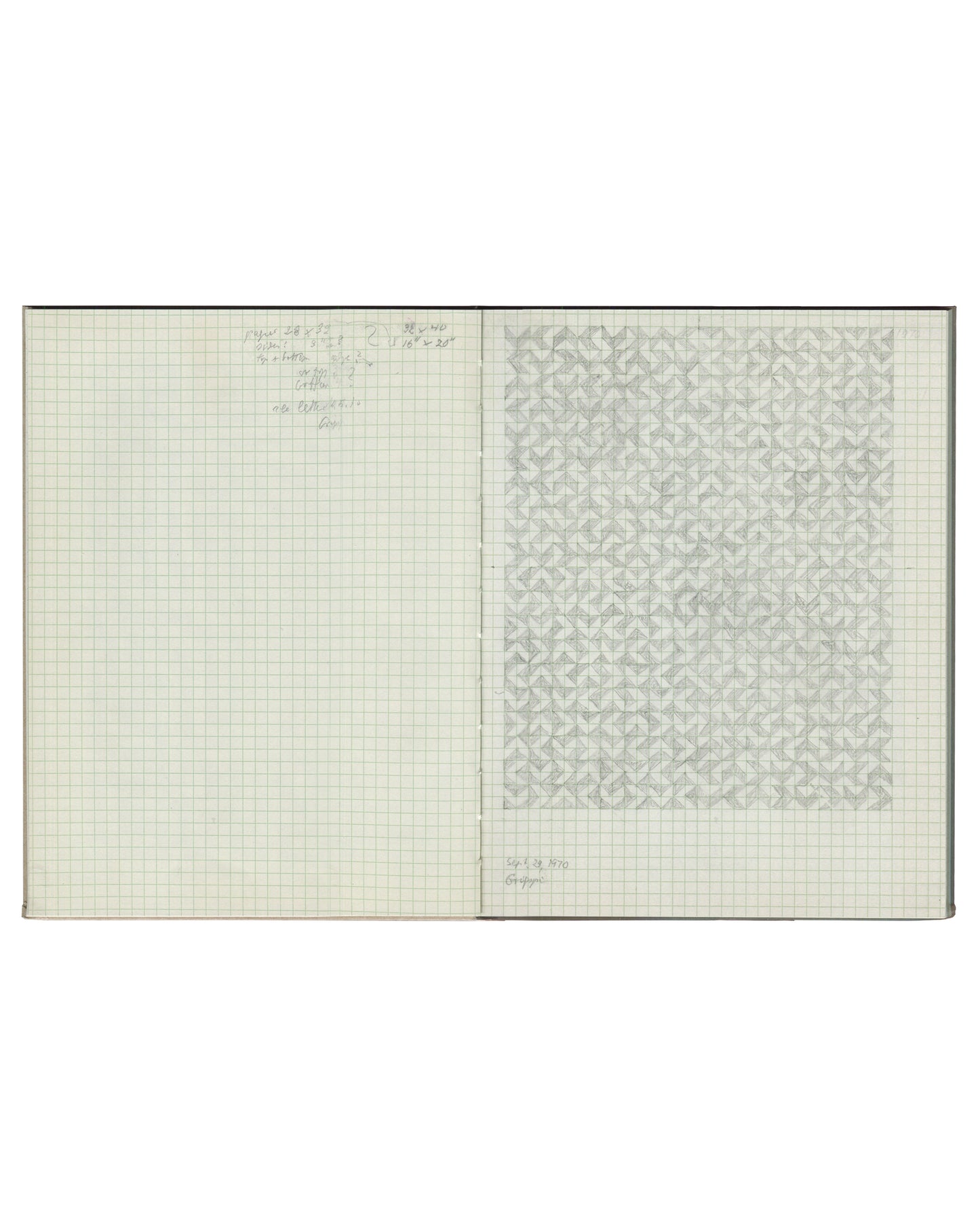 A Anni Albers art book with a light grid pattern on the left and a right page featuring a repeating geometric monogram pattern in a muted gray-green hue.