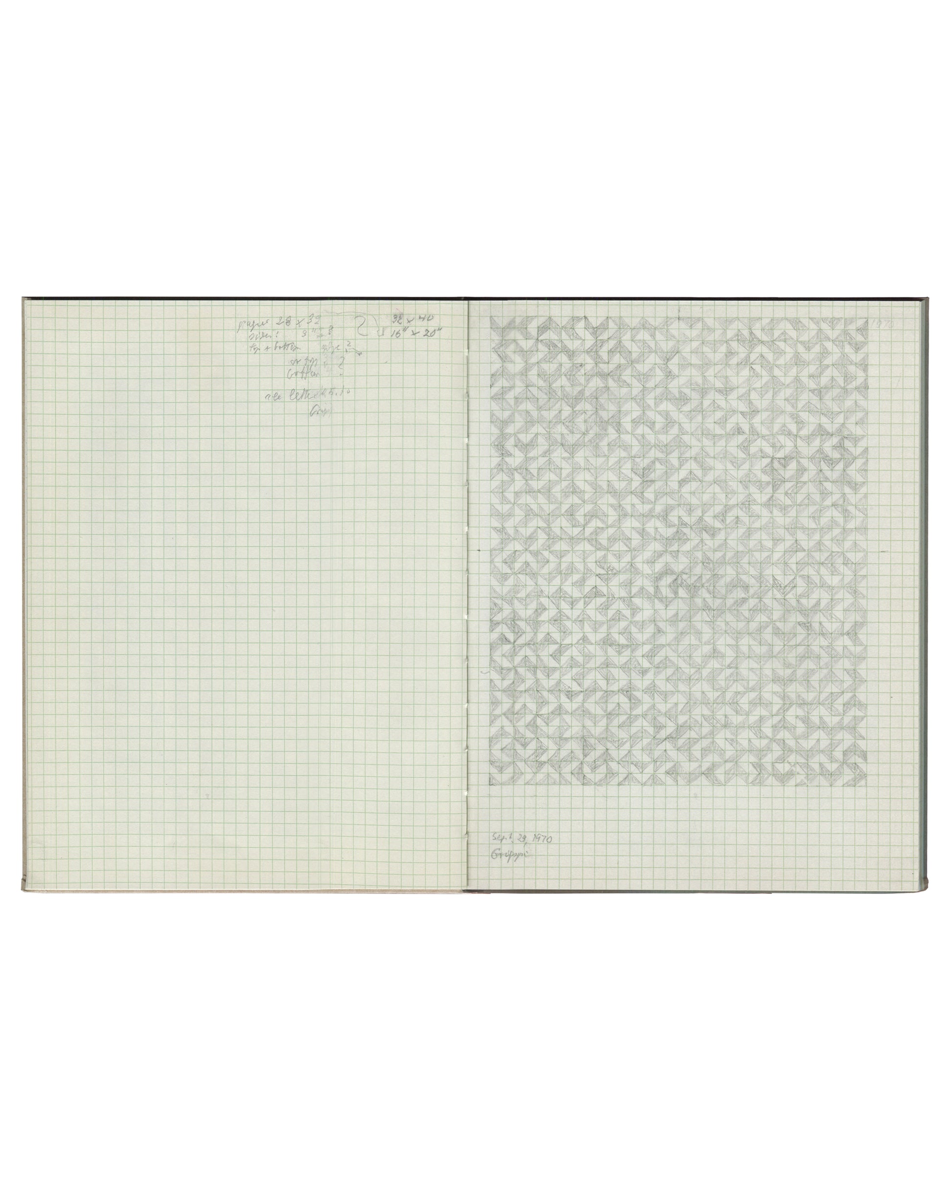 A Anni Albers art book with a light grid pattern on the left and a right page featuring a repeating geometric monogram pattern in a muted gray-green hue.