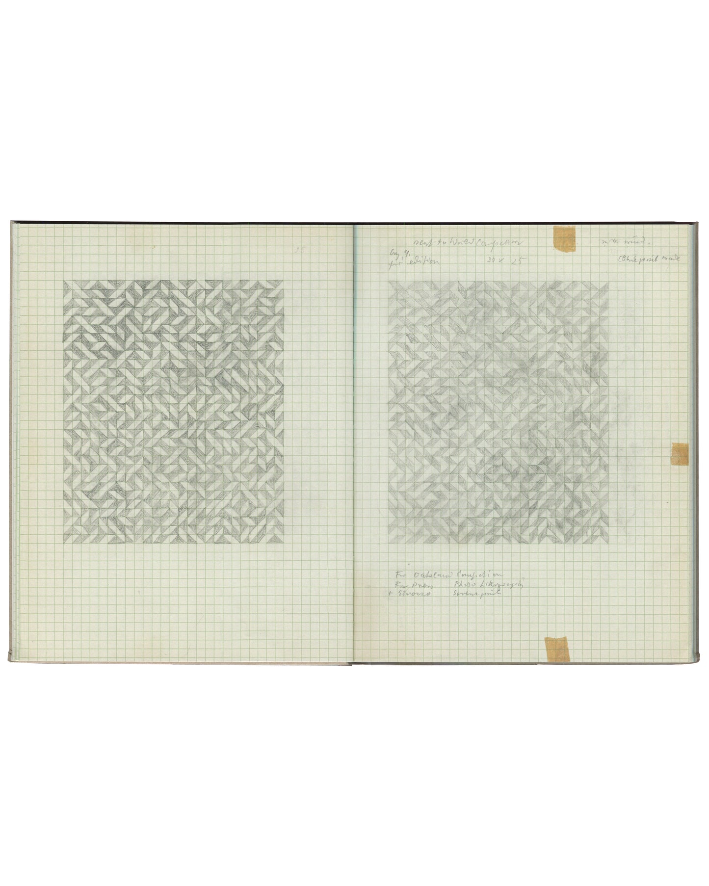 An open Anni Albers book showing two patterned square sketches on the left and right pages with handwritten notes.