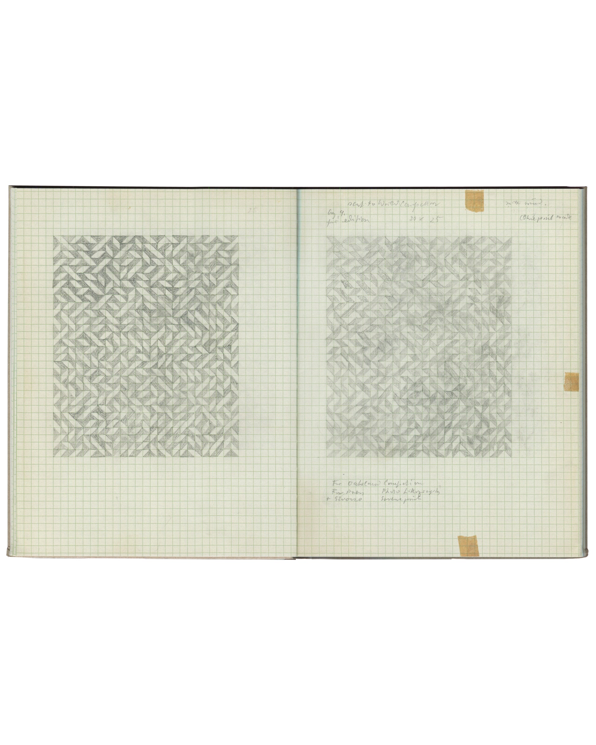 An open Anni Albers book showing two patterned square sketches on the left and right pages with handwritten notes.