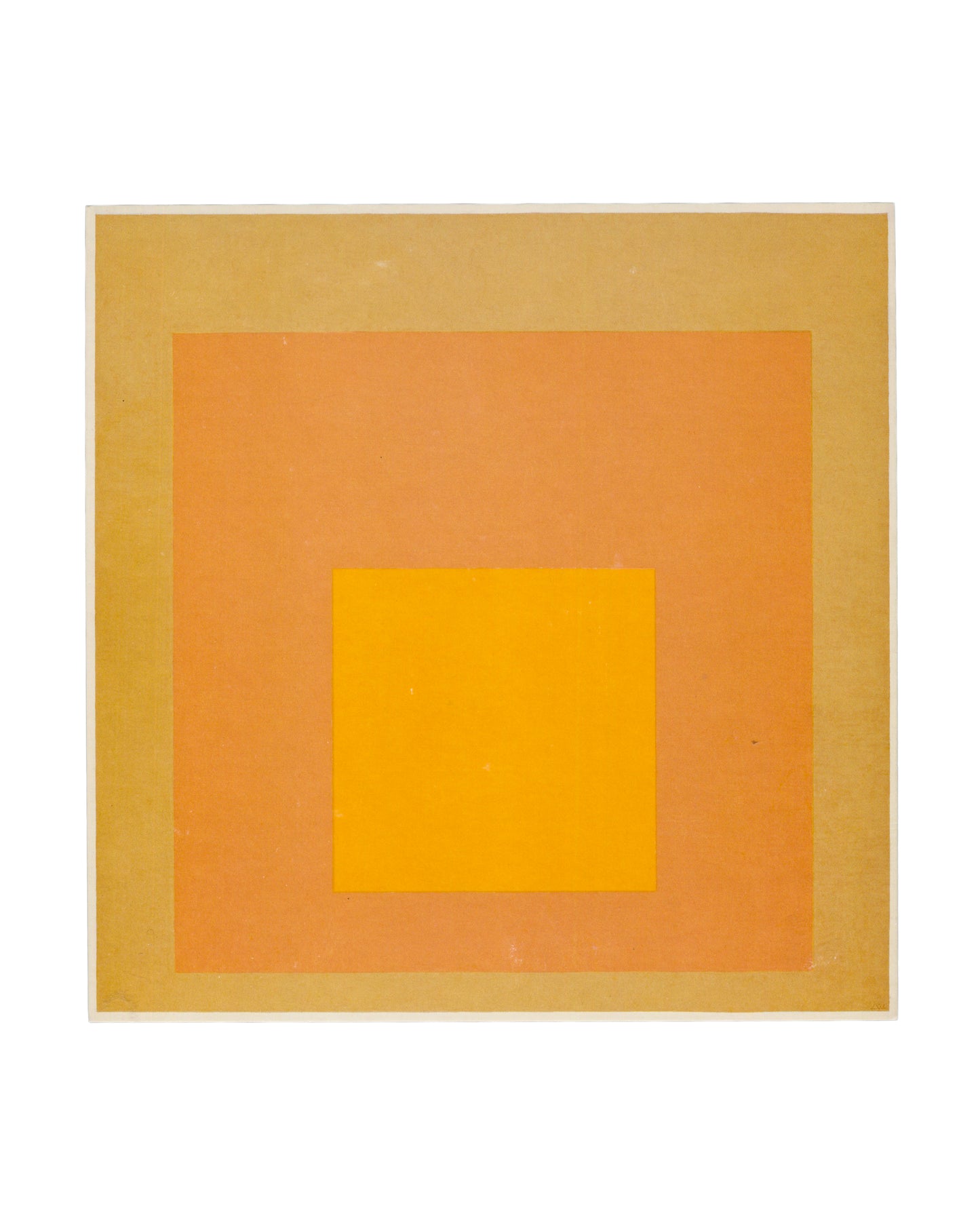 Front — Homage to the Square reproduction Josef Albers, Sunny Side Up, David Zwirner, London, 2017. Exhibition invitation front: full-bleed colour reproduction of Homage to the Square, 1971, oil on Masonite — three nested squares in warm yellow tones; outermost field in muted gold, middle field in soft peach-orange, innermost square in saturated cadmium yellow. No text. Approx. 21 × 21 cm. Light surface handling.