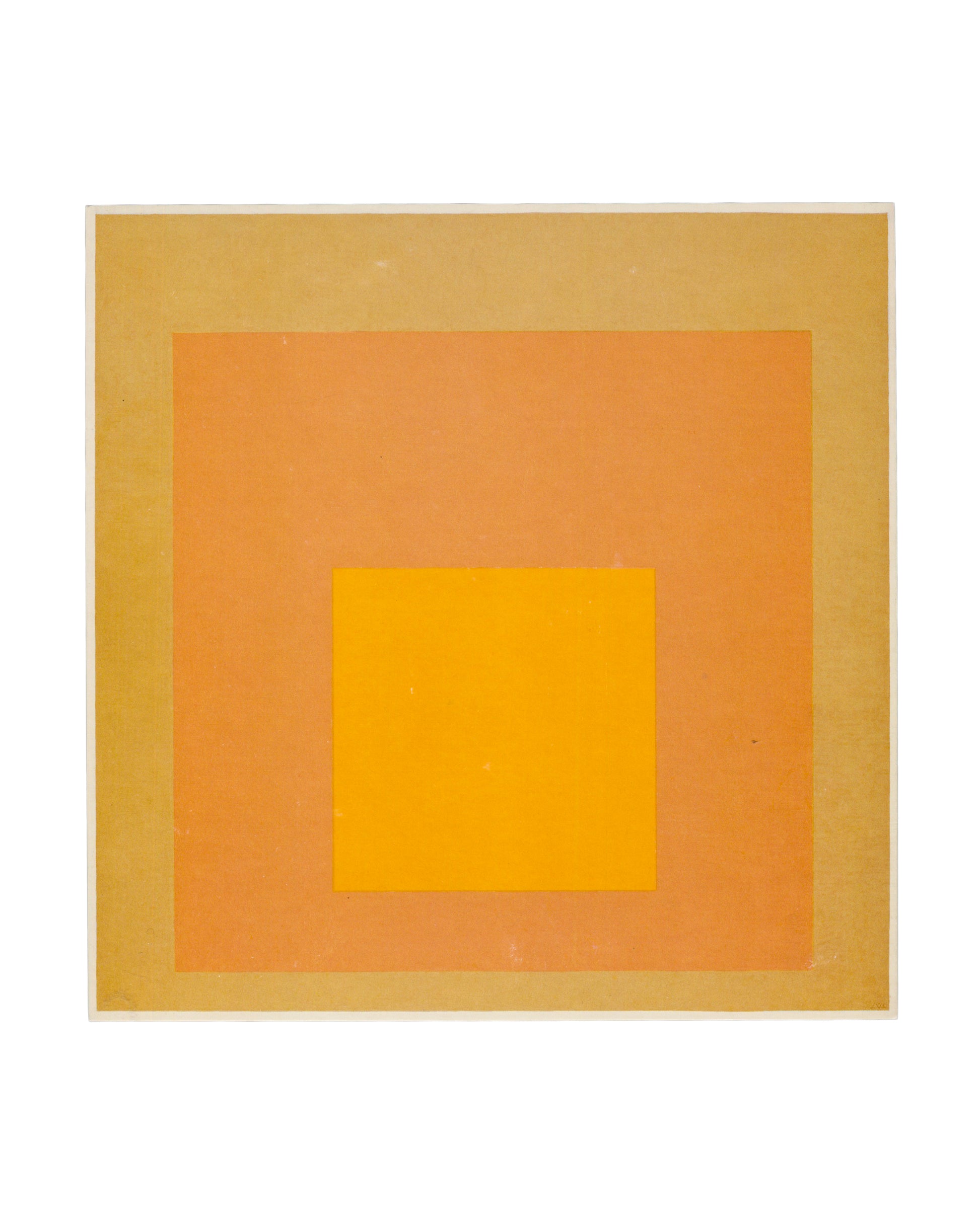 Front — Homage to the Square reproduction Josef Albers, Sunny Side Up, David Zwirner, London, 2017. Exhibition invitation front: full-bleed colour reproduction of Homage to the Square, 1971, oil on Masonite — three nested squares in warm yellow tones; outermost field in muted gold, middle field in soft peach-orange, innermost square in saturated cadmium yellow. No text. Approx. 21 × 21 cm. Light surface handling.