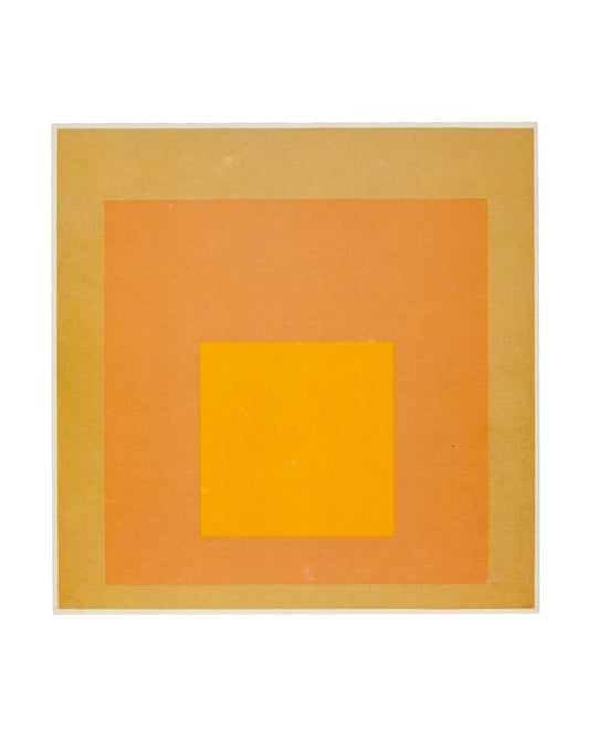 Front — Homage to the Square reproduction Josef Albers, Sunny Side Up, David Zwirner, London, 2017. Exhibition invitation front: full-bleed colour reproduction of Homage to the Square, 1971, oil on Masonite — three nested squares in warm yellow tones; outermost field in muted gold, middle field in soft peach-orange, innermost square in saturated cadmium yellow. No text. Approx. 21 × 21 cm. Light surface handling.