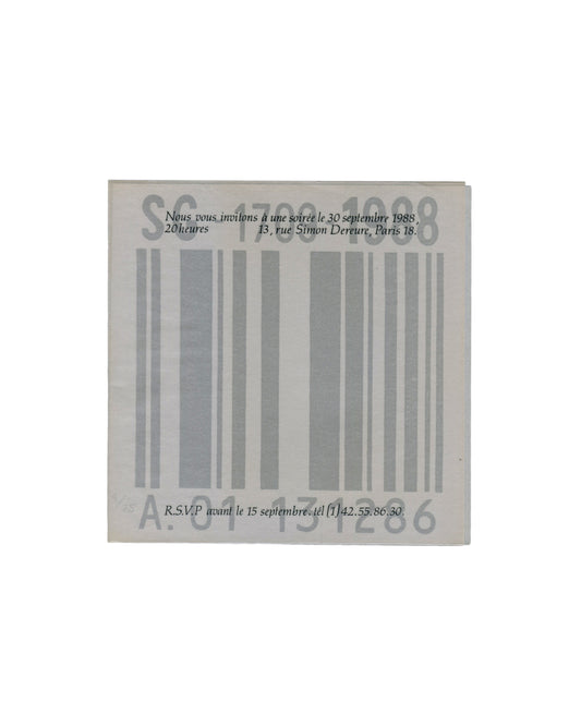 Recto — translucent sheet over barcode card Jean-Paul Albinet, Invitation for a soirée, Paris, 1988. Recto, translucent outer sheet folded over barcode card: enlarged barcode in pale grey visible beneath translucent paper; overprinted in dark grey italic serif type — upper: "Nous vous invitons à une soirée le 30 septembre 1988, / 20 heures – 13, rue Simon Dereure, Paris 18."; lower: "R.S.V.P avant le 15 septembre. tél (1) 42.55.86.30."; barcode digits "SC 17001988" upper and "A 01 131286" lower visible thro