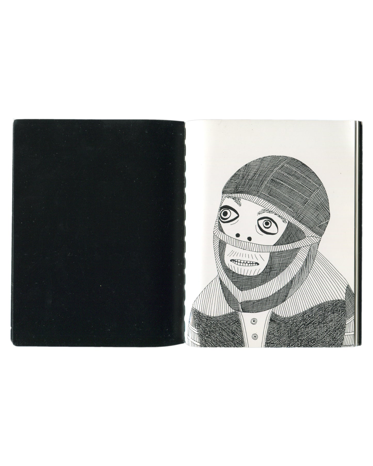 Interior spread of 2004 Laylah Ali Types showing black endpaper opposite a monochrome pen drawing of a masked, bandaged figure in a hooded garment, staring frontally.