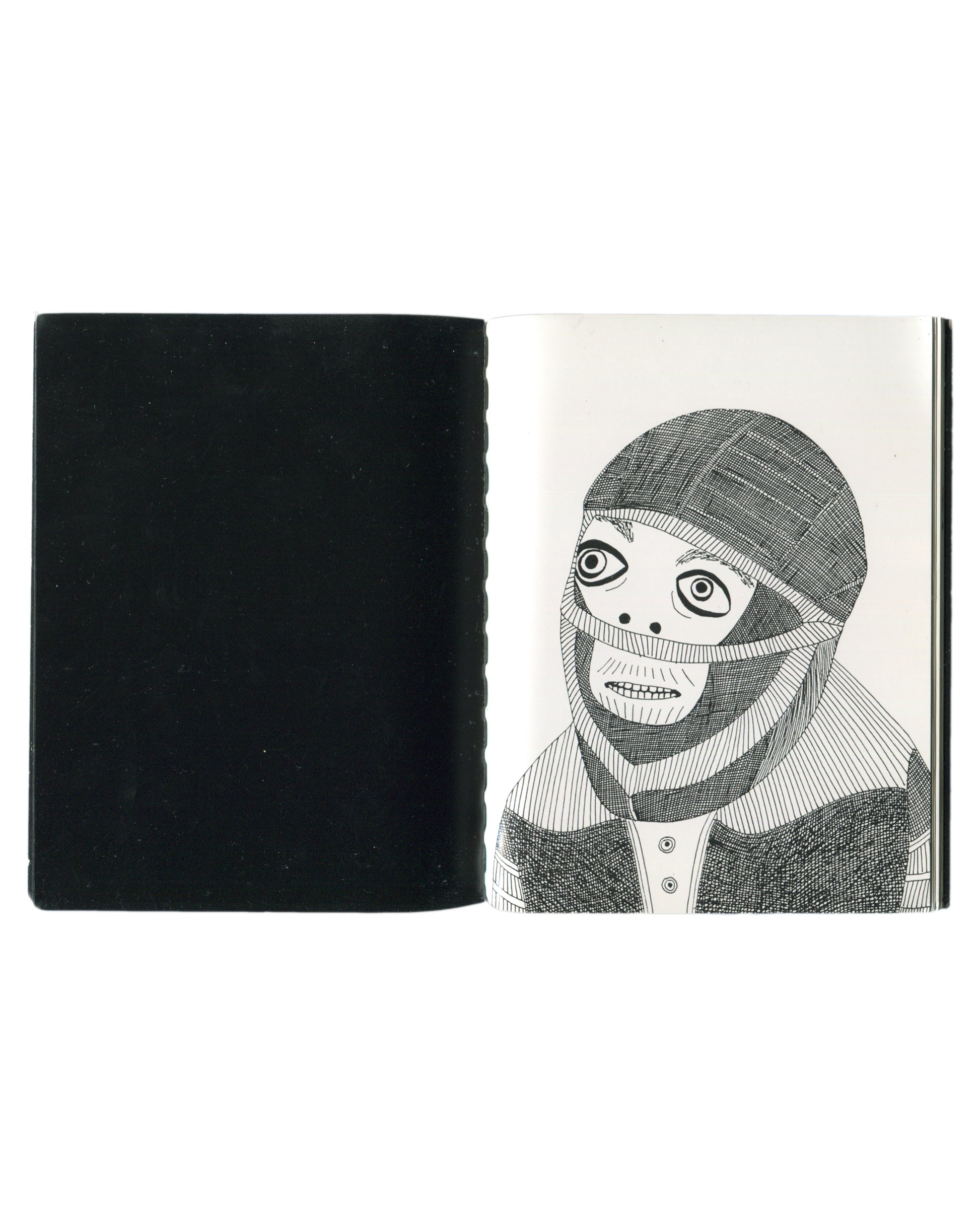 Interior spread of 2004 Laylah Ali Types showing black endpaper opposite a monochrome pen drawing of a masked, bandaged figure in a hooded garment, staring frontally.