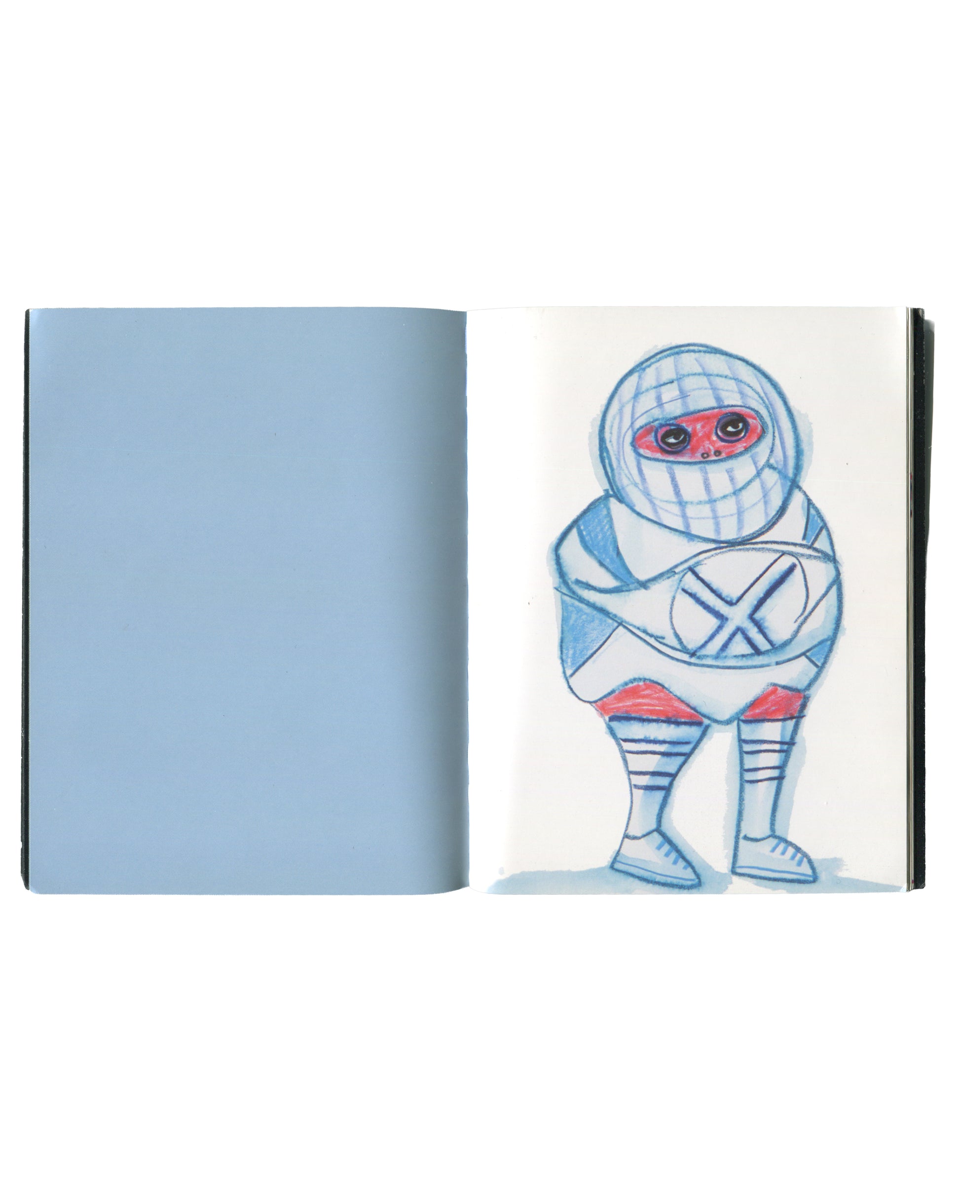 Interior spread of 2004 Laylah Ali Types showing pale blue endpaper opposite a colour drawing of a masked figure in a white suit with crossed arms and an X motif on the chest, rendered in blue and red crayon.