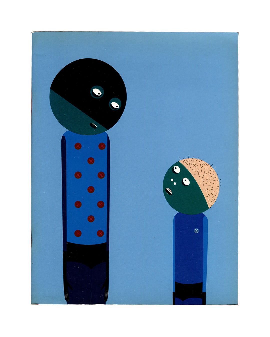Laylah Ali, Projects 75, MoMA, 2002 — cover. Two Greenhead figures on a blue ground; one tall with a polka-dot shirt, one small with a spiked head. Offset-printed artist's book.
