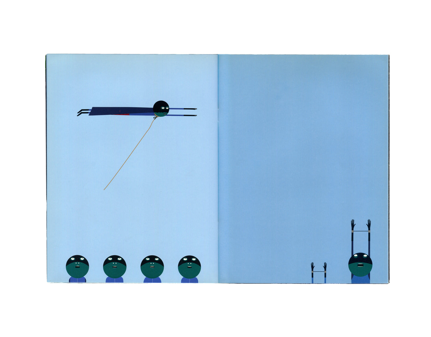 Laylah Ali, Projects 75, MoMA, 2002 — interior spread. Left: five dark spherical heads with elongated shadows. Right: three tall Greenhead figures with spiked crowns and a small figure clinging to one.