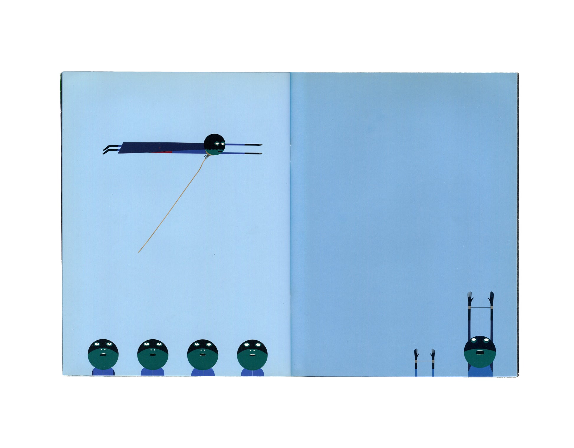 Laylah Ali, Projects 75, MoMA, 2002 — interior spread. Left: five dark spherical heads with elongated shadows. Right: three tall Greenhead figures with spiked crowns and a small figure clinging to one.
