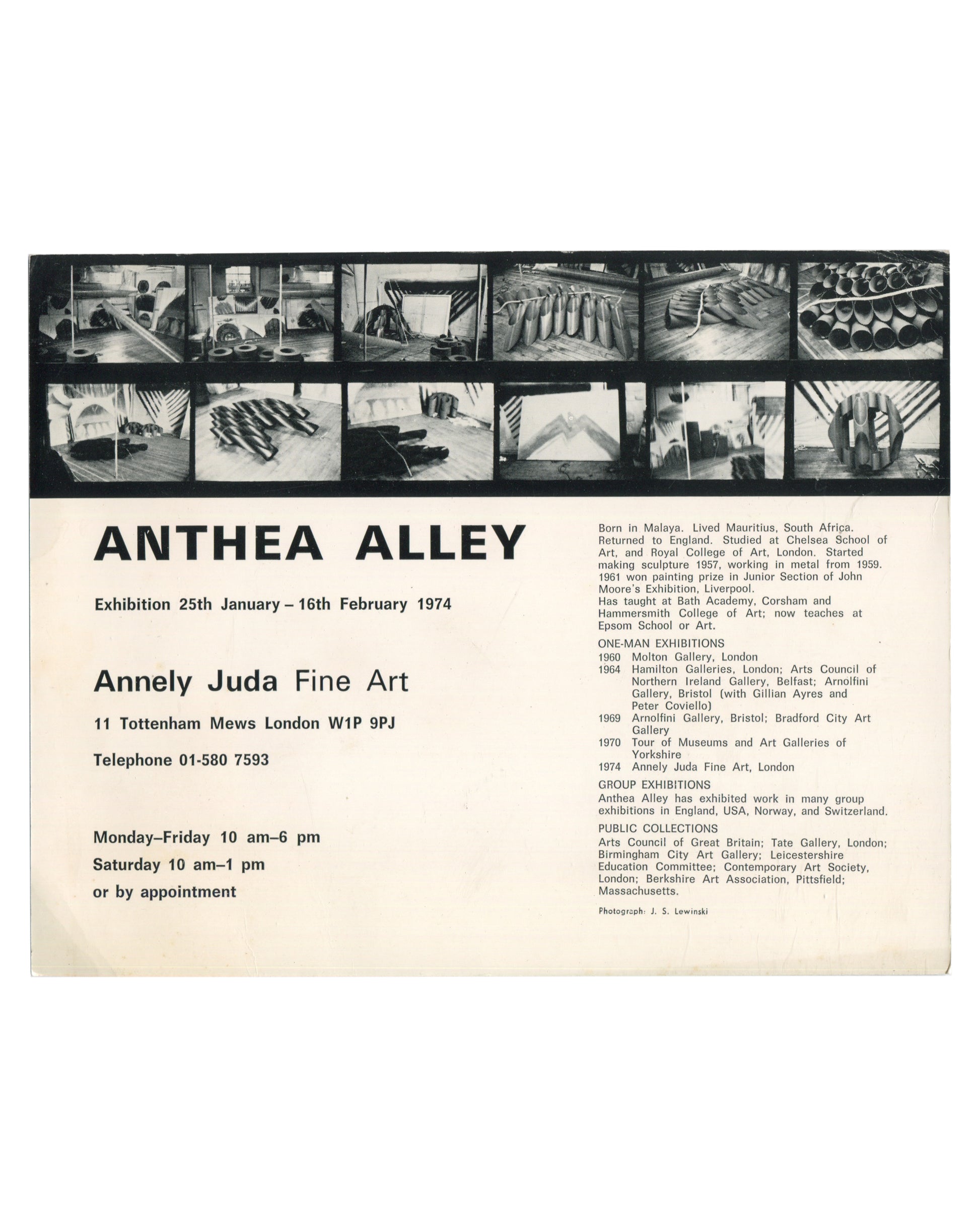 Reverse of 1974 Anthea Alley exhibition card, Annely Juda Fine Art, showing printed text with exhibition title, dates 25 January–16 February 1974, gallery address 11 Tottenham Mews London W1P 9PJ, opening hours, biographical note, and one-man and group exhibition history including Arnolfini, Hamilton Galleries, and Bradford City Art Gallery.