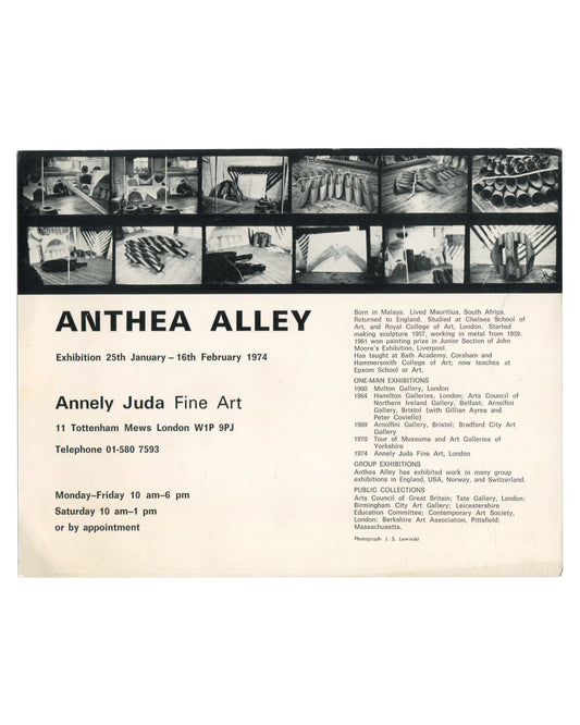 Reverse of 1974 Anthea Alley exhibition card, Annely Juda Fine Art, showing printed text with exhibition title, dates 25 January–16 February 1974, gallery address 11 Tottenham Mews London W1P 9PJ, opening hours, biographical note, and one-man and group exhibition history including Arnolfini, Hamilton Galleries, and Bradford City Art Gallery.