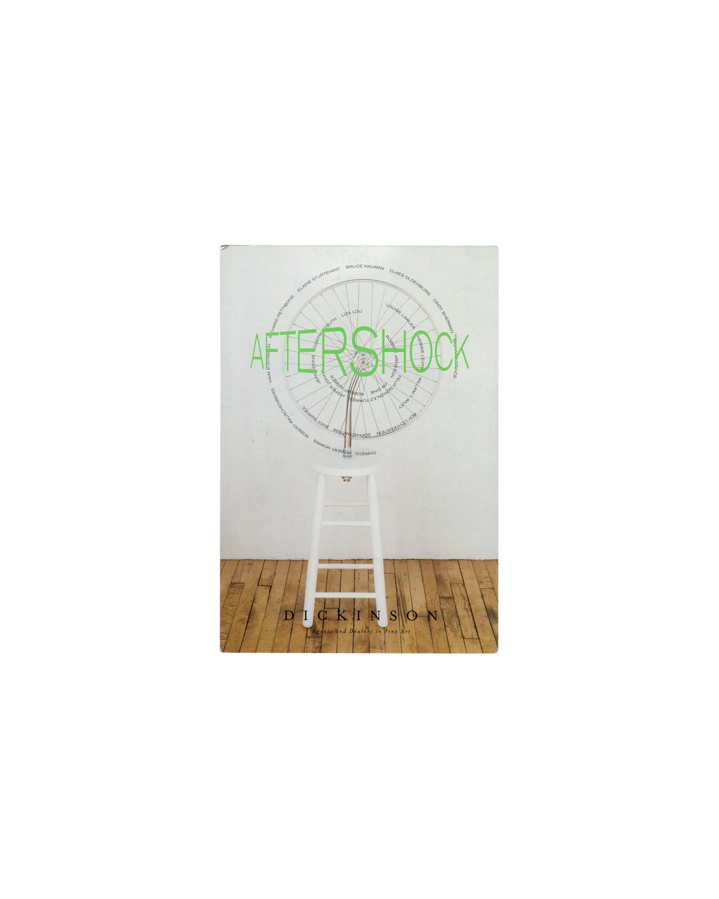 Aftershock, Dickinson Roundell 2003, front cover, white ground, green AFTERSHOCK title, bicycle wheel on white stool, Dickinson 