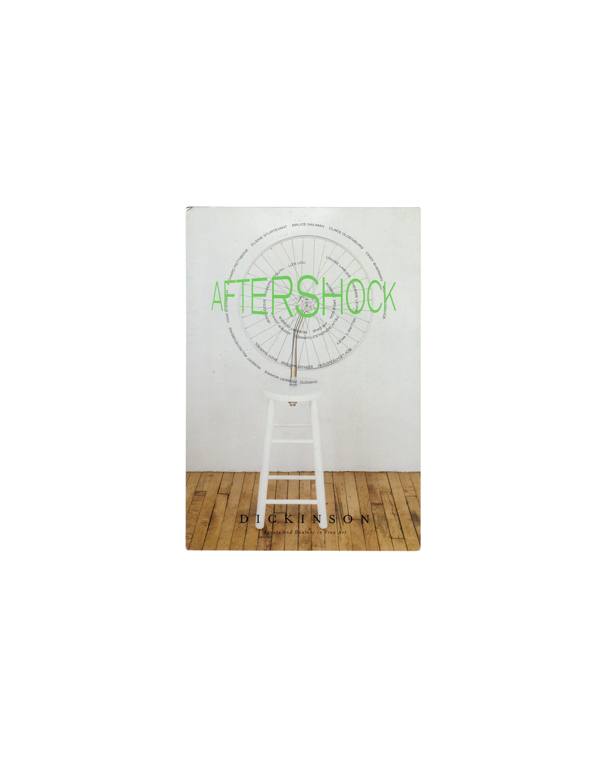 Aftershock, Dickinson Roundell 2003, front cover, white ground, green AFTERSHOCK title, bicycle wheel on white stool, Dickinson 