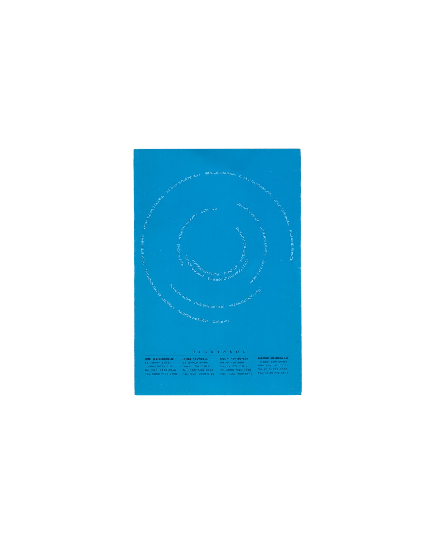 Aftershock, Dickinson Roundell 2003, back cover, blue ground, white spiral of artist names, four Dickinson gallery addresses below 