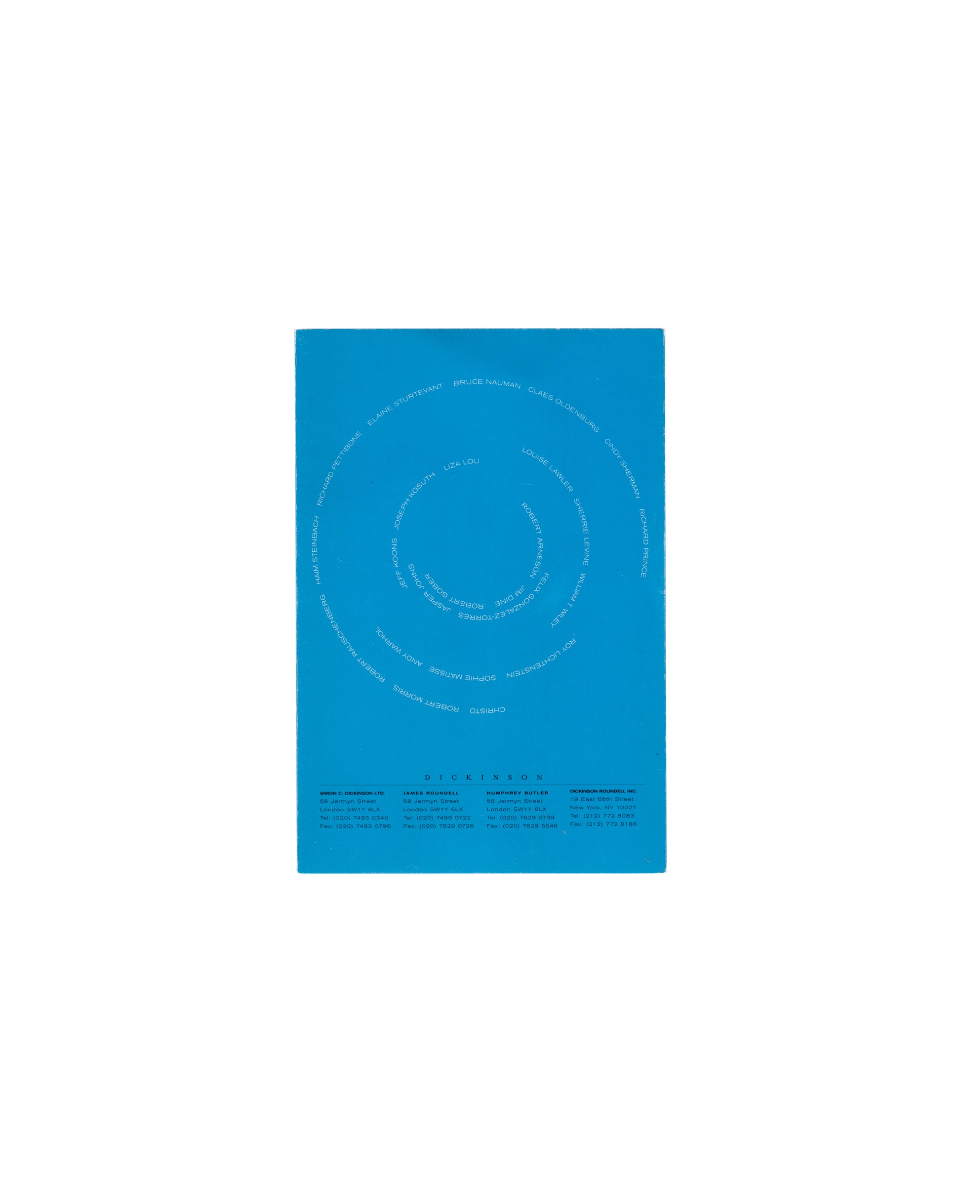 Aftershock, Dickinson Roundell 2003, back cover, blue ground, white spiral of artist names, four Dickinson gallery addresses below 