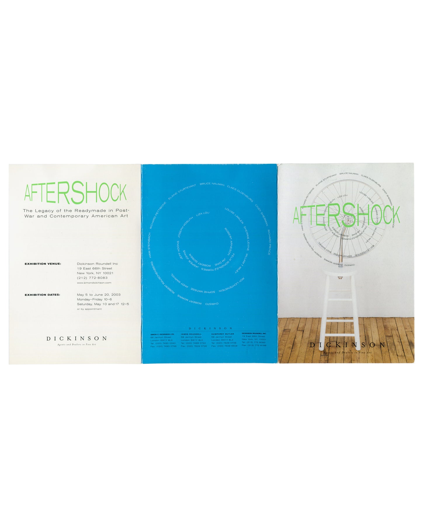 Aftershock, Dickinson Roundell 2003, invitation unfolded, three panels: exhibition text left, blue spiral centre, front cover right