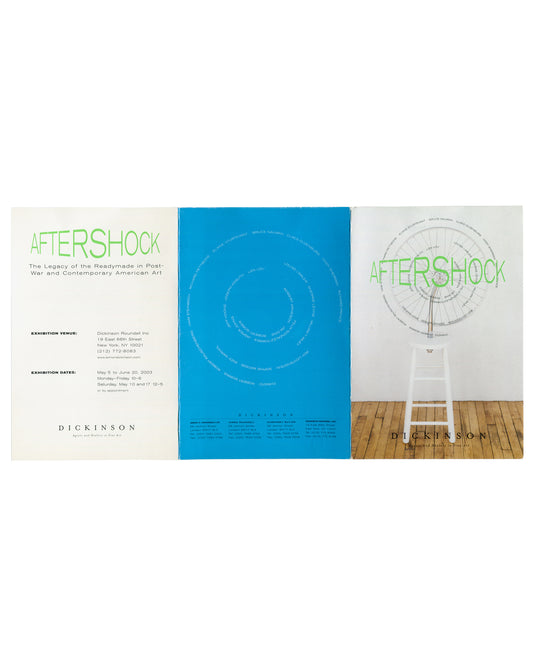 Aftershock, Dickinson Roundell 2003, invitation unfolded, three panels: exhibition text left, blue spiral centre, front cover right
