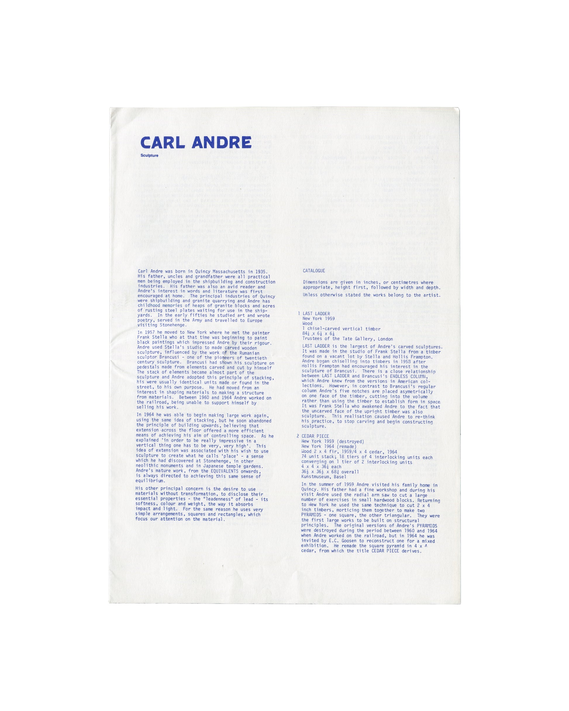 Works list for Carl Andre Sculpture 1954–1978, Whitechapel Art Gallery