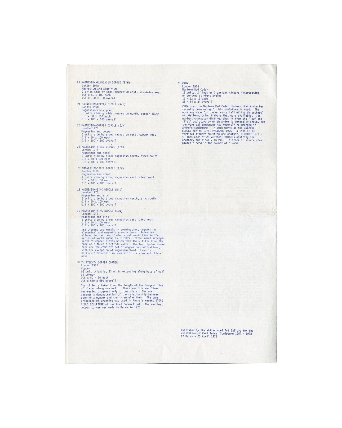 Works list for Carl Andre Sculpture 1954–1978, Whitechapel Art Gallery