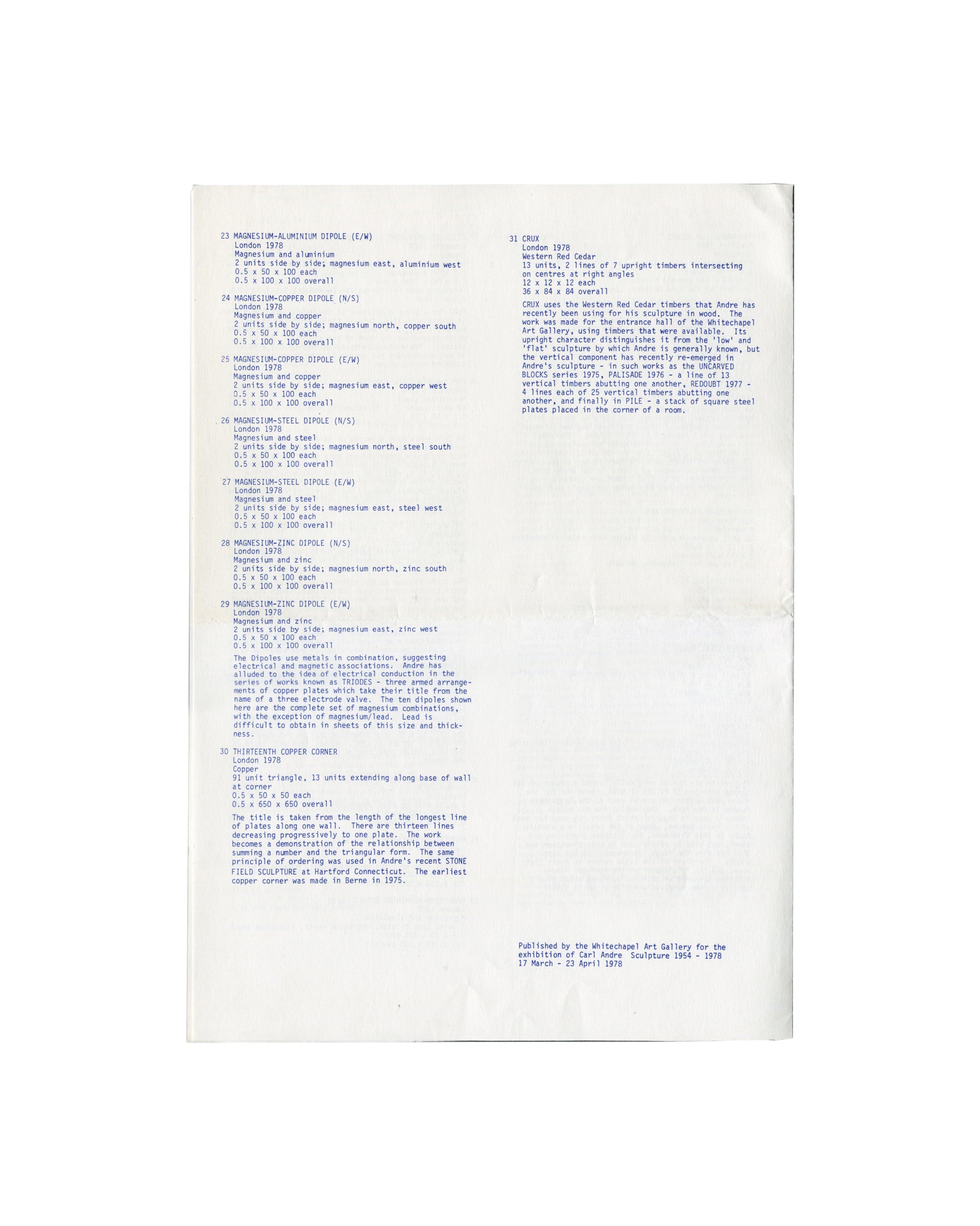 Works list for Carl Andre Sculpture 1954–1978, Whitechapel Art Gallery