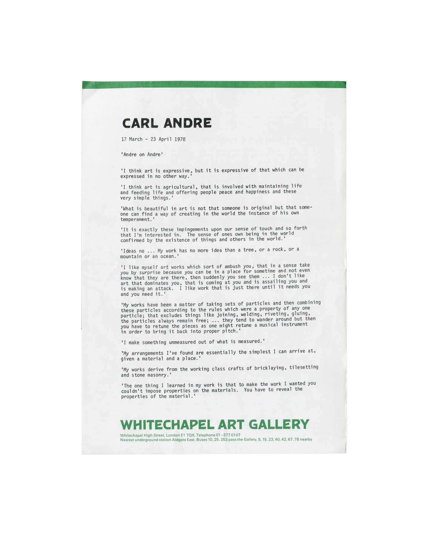 Carl Andre exhibition letterhead with artist statement, Whitechapel Art Gallery, 1978