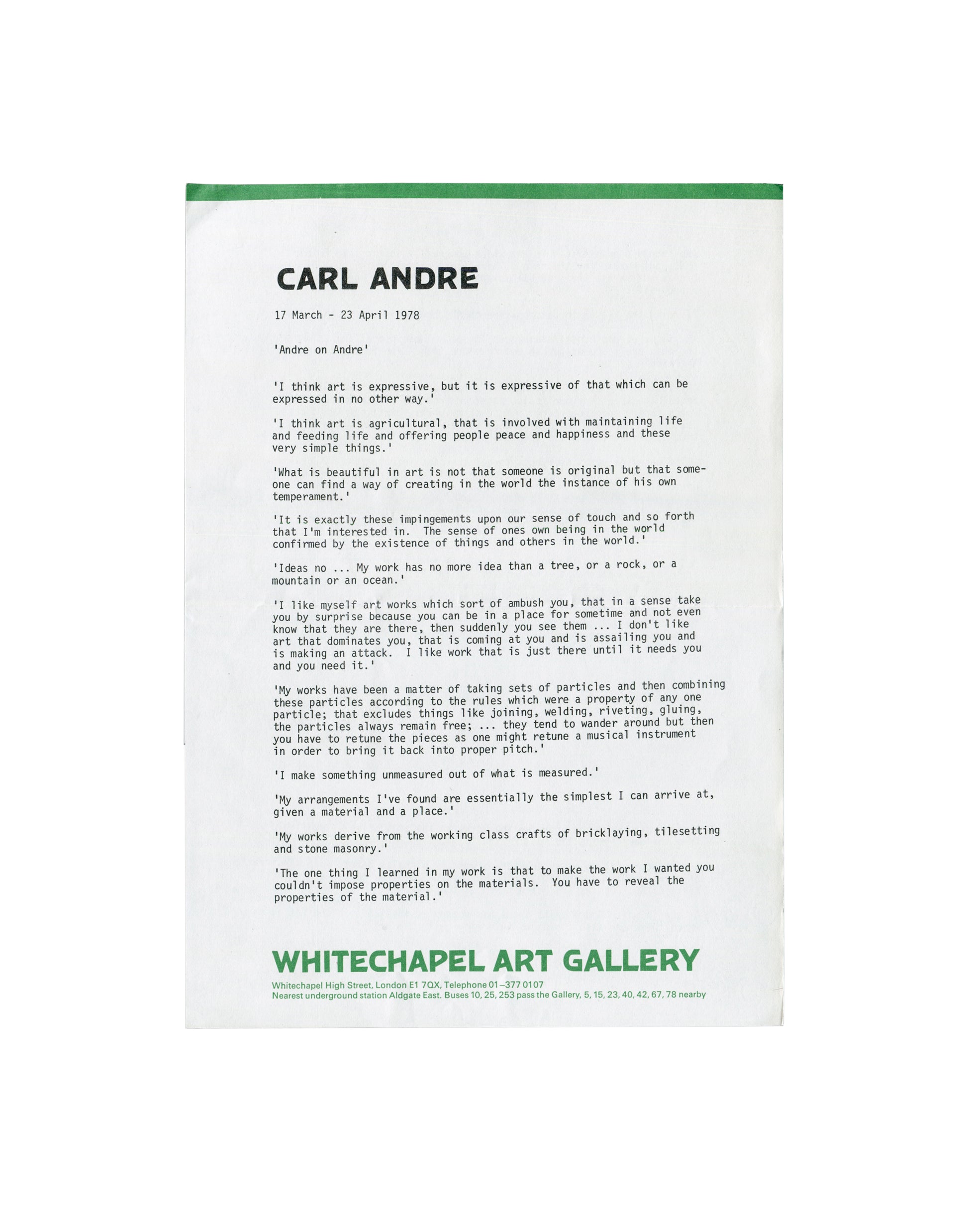 Carl Andre exhibition letterhead with artist statement, Whitechapel Art Gallery, 1978