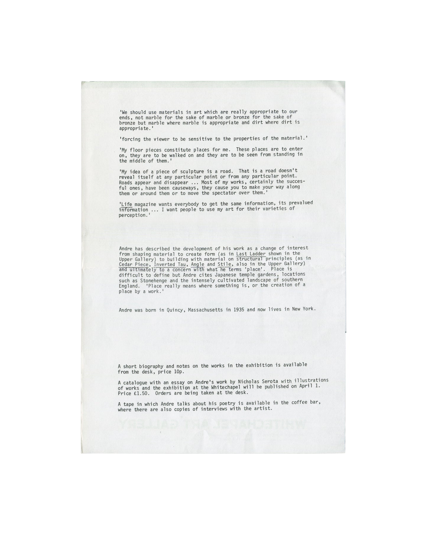 Carl Andre exhibition letterhead with artist statement, Whitechapel Art Gallery, 1978