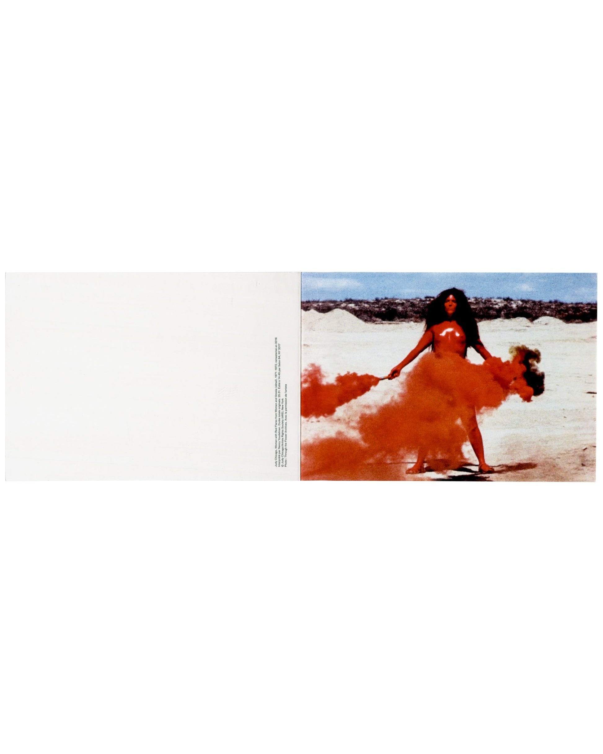 Invitation unfolded, exterior view, Judy Chicago image recto, blank panel verso