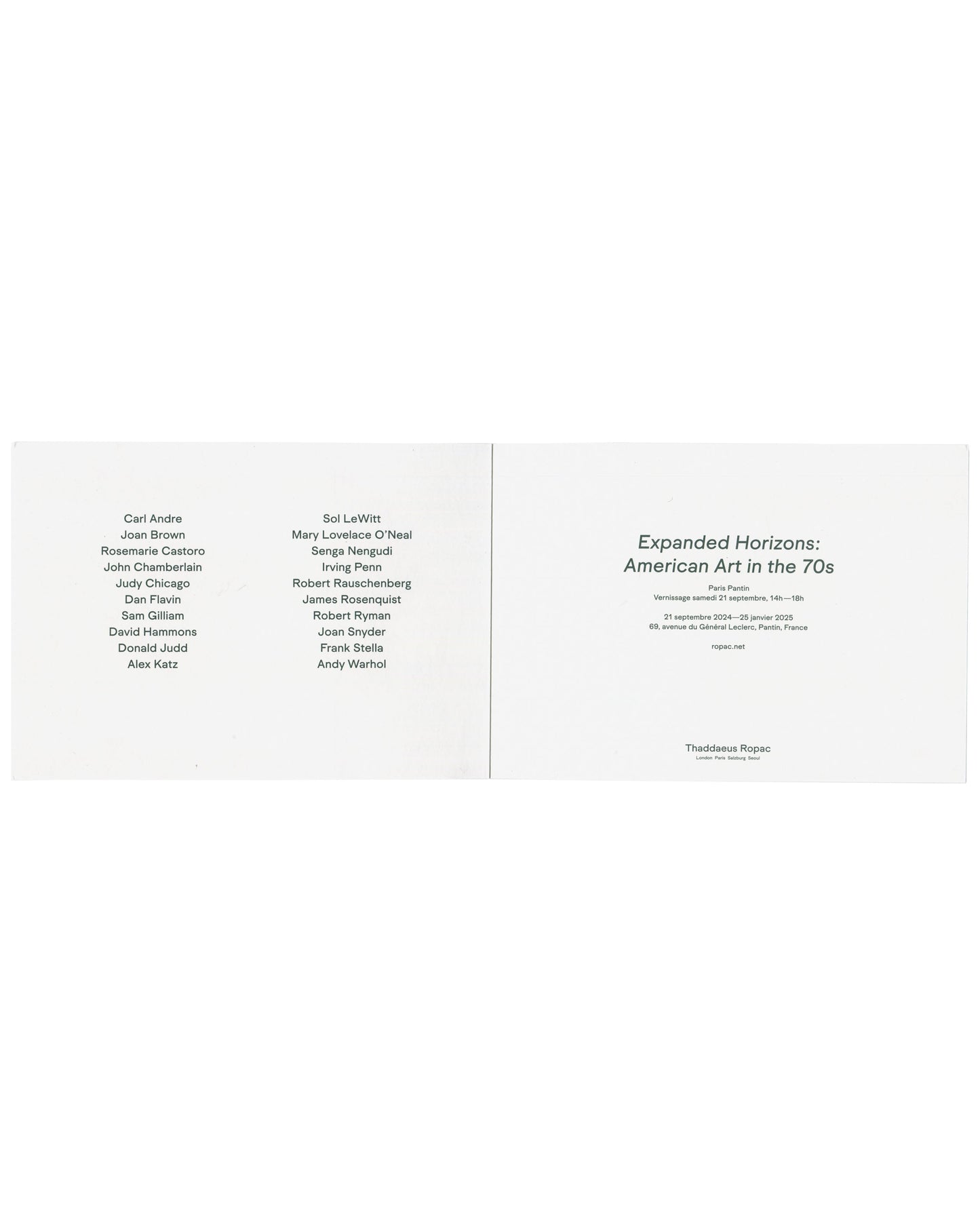 Invitation interior unfolded, artist list left, exhibition title and venue details right