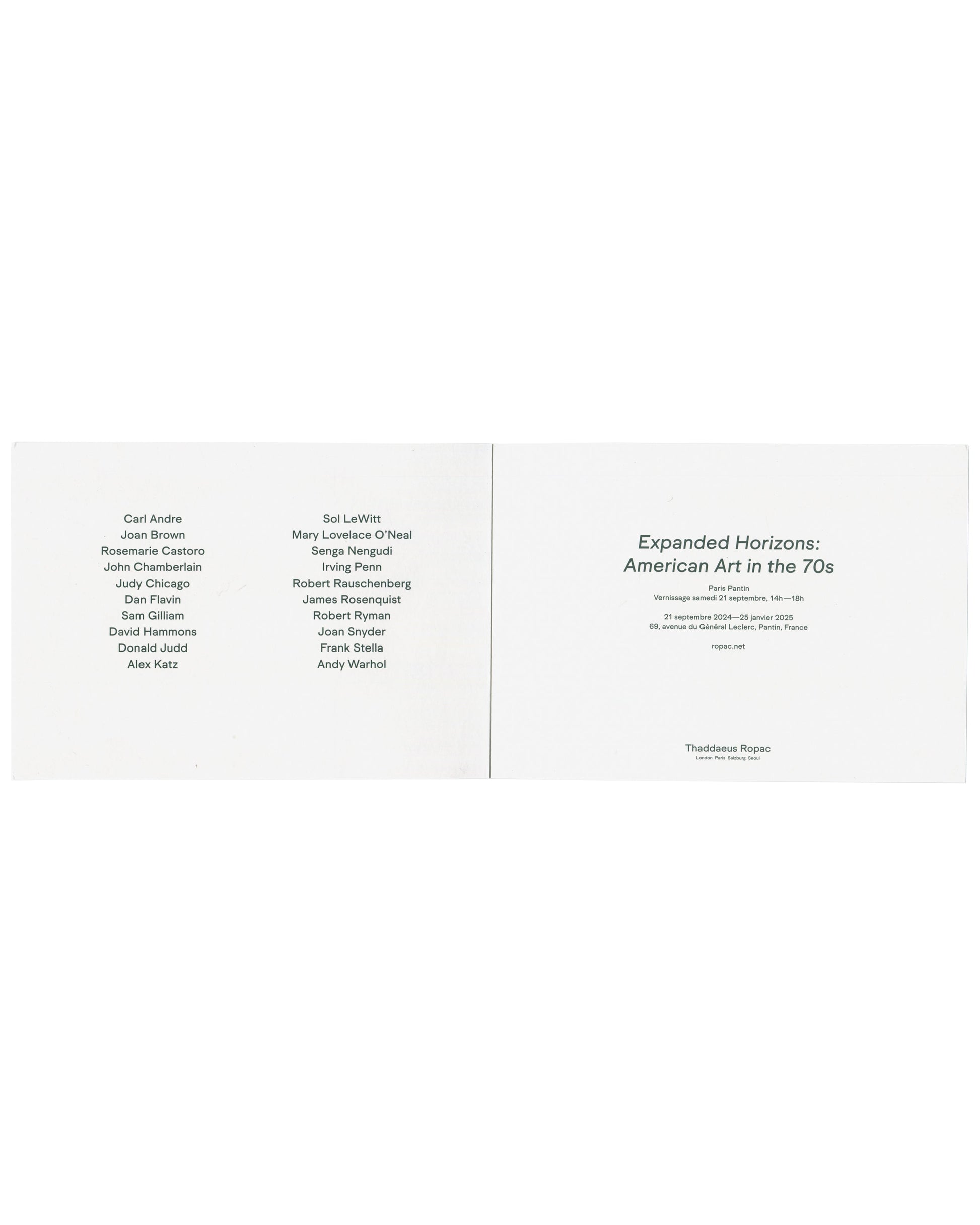 Invitation interior unfolded, artist list left, exhibition title and venue details right
