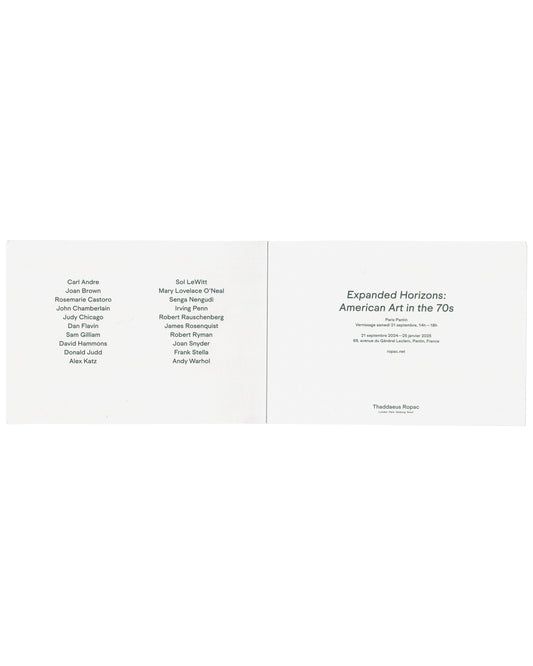 Invitation interior unfolded, artist list left, exhibition title and venue details right