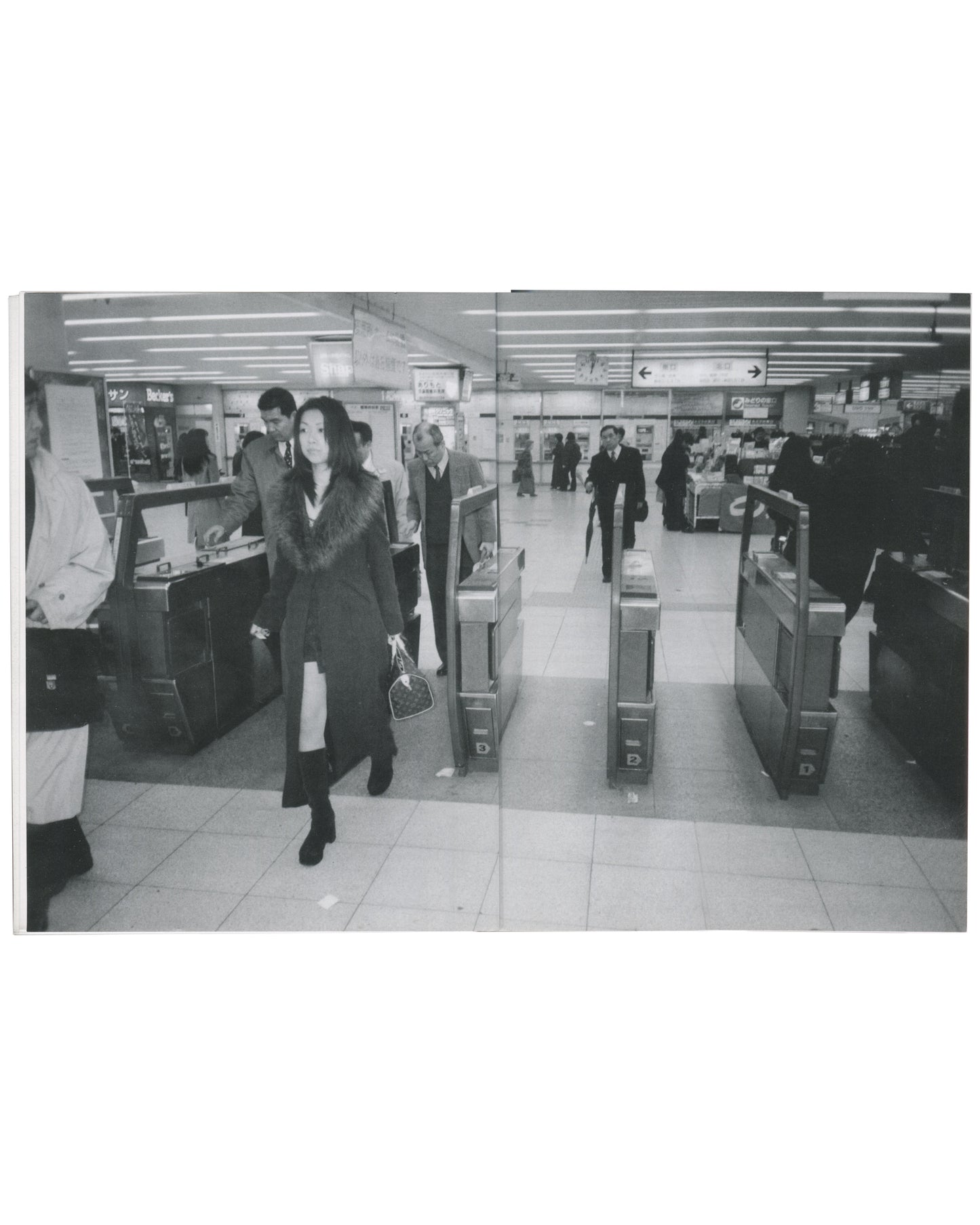 Tokyo Vertigo 2001, interior spread, Tokyo subway barriers, photographs by Araki, Hosoe and Slocombe