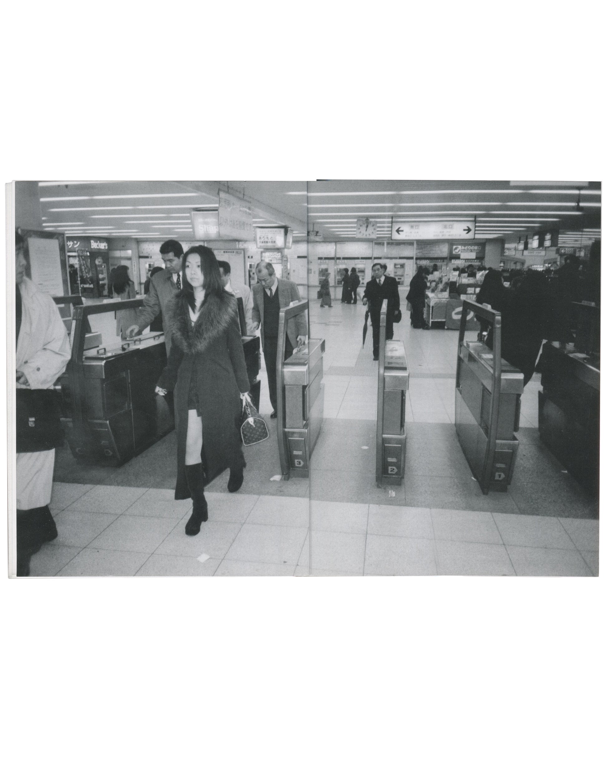 Tokyo Vertigo 2001, interior spread, Tokyo subway barriers, photographs by Araki, Hosoe and Slocombe