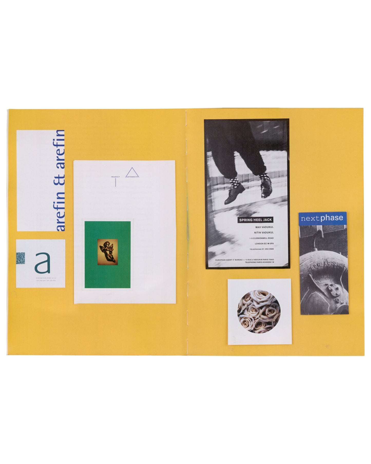 Tony Arefin, Arefin & Arefin, Ikon Gallery, 2012, interior spread with ICA catalogues and New musICA on yellow