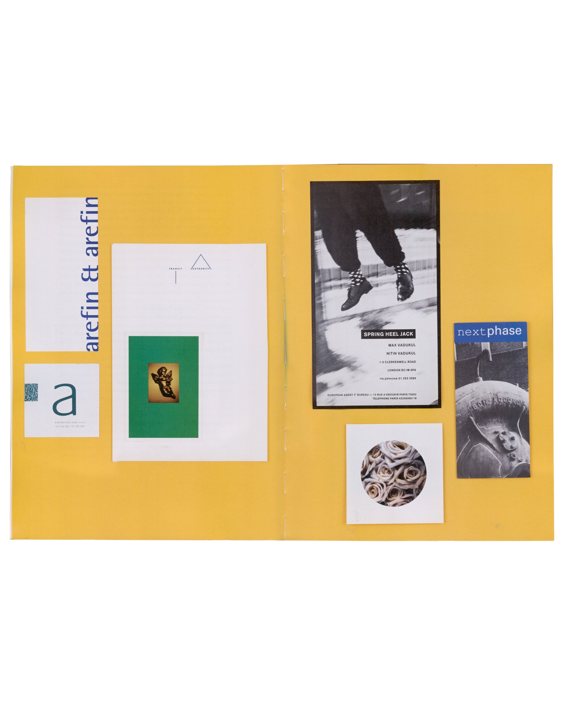 Tony Arefin, Arefin & Arefin, Ikon Gallery, 2012, interior spread with ICA catalogues and New musICA on yellow