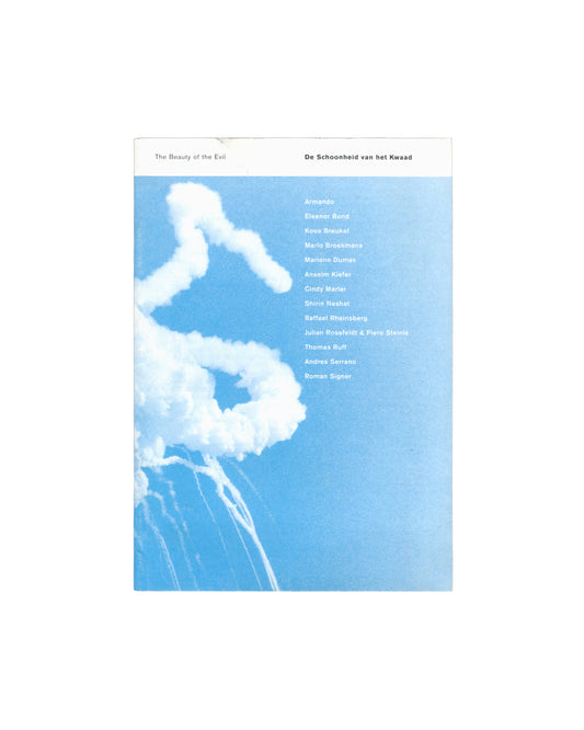 Armando et al., De Schoonheid van het Kwaad, Amersfoort, 2001, front cover, pale blue sky, white smoke plume rising, participant names listed in white

