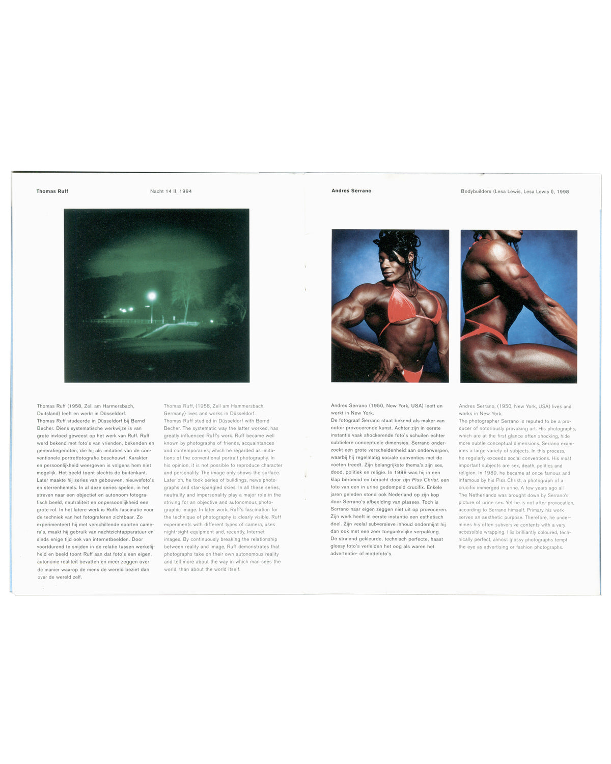 De Schoonheid van het Kwaad, 2001, interior spread, Thomas Ruff Nacht 14 II 1994 and Andres Serrano Bodybuilders, bilingual text