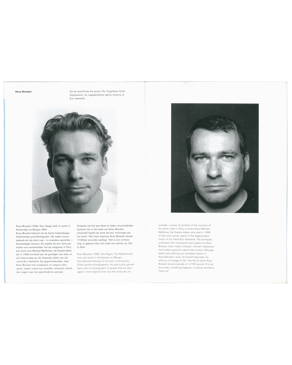 De Schoonheid van het Kwaad, 2001, interior spread, Koos Breukel, two black-and-white portrait photographs, bilingual text