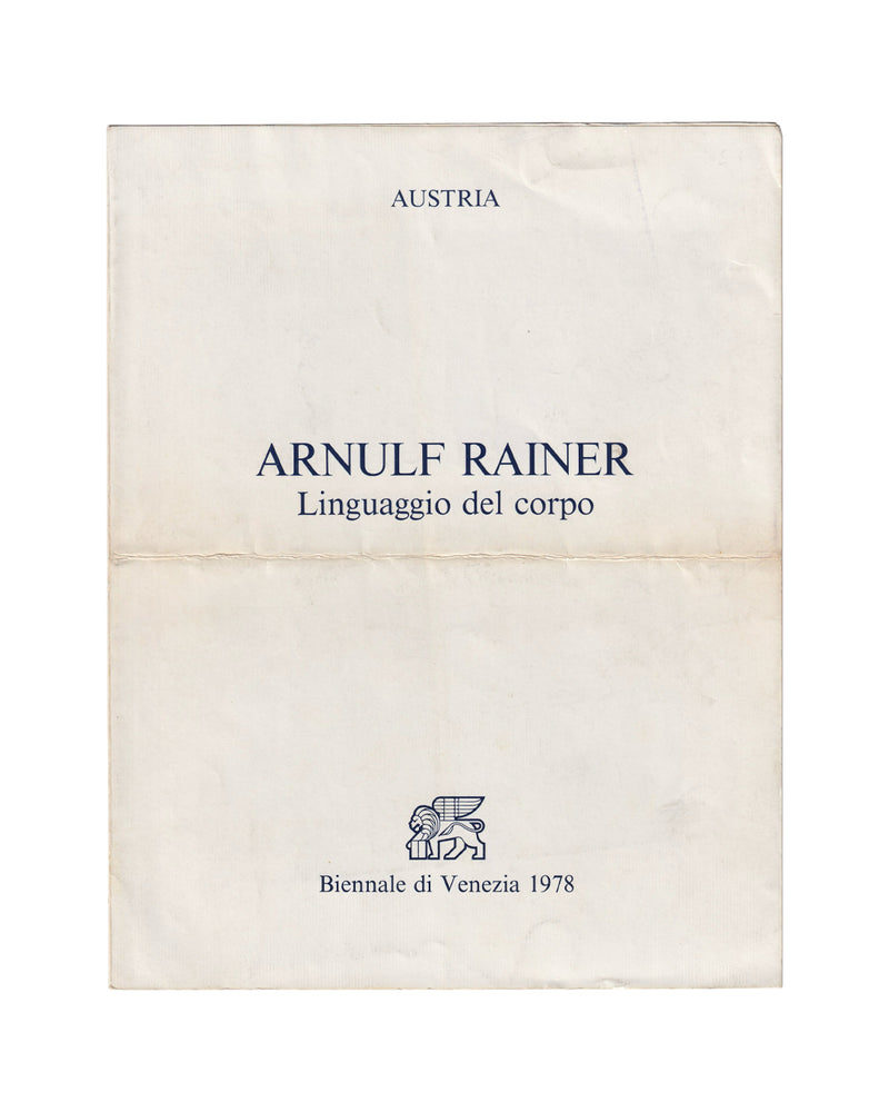 Arnulf Rainer — Linguaggio del corpo. Exhibition pamphlet cover, Biennale di Venezia, 1978. Austrian pavilion. Blue typography on cream wove stock.

