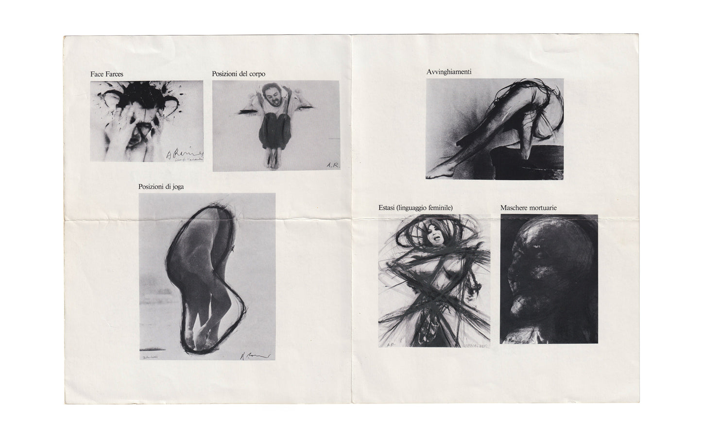 Interior spread from Arnulf Rainer exhibition pamphlet, Biennale di Venezia, 1978. Black-and-white reproductions of photo-based works: Face Farces, Posizioni del corpo, Avvinghiamenti, Posizioni di joga, Estasi (linguaggi