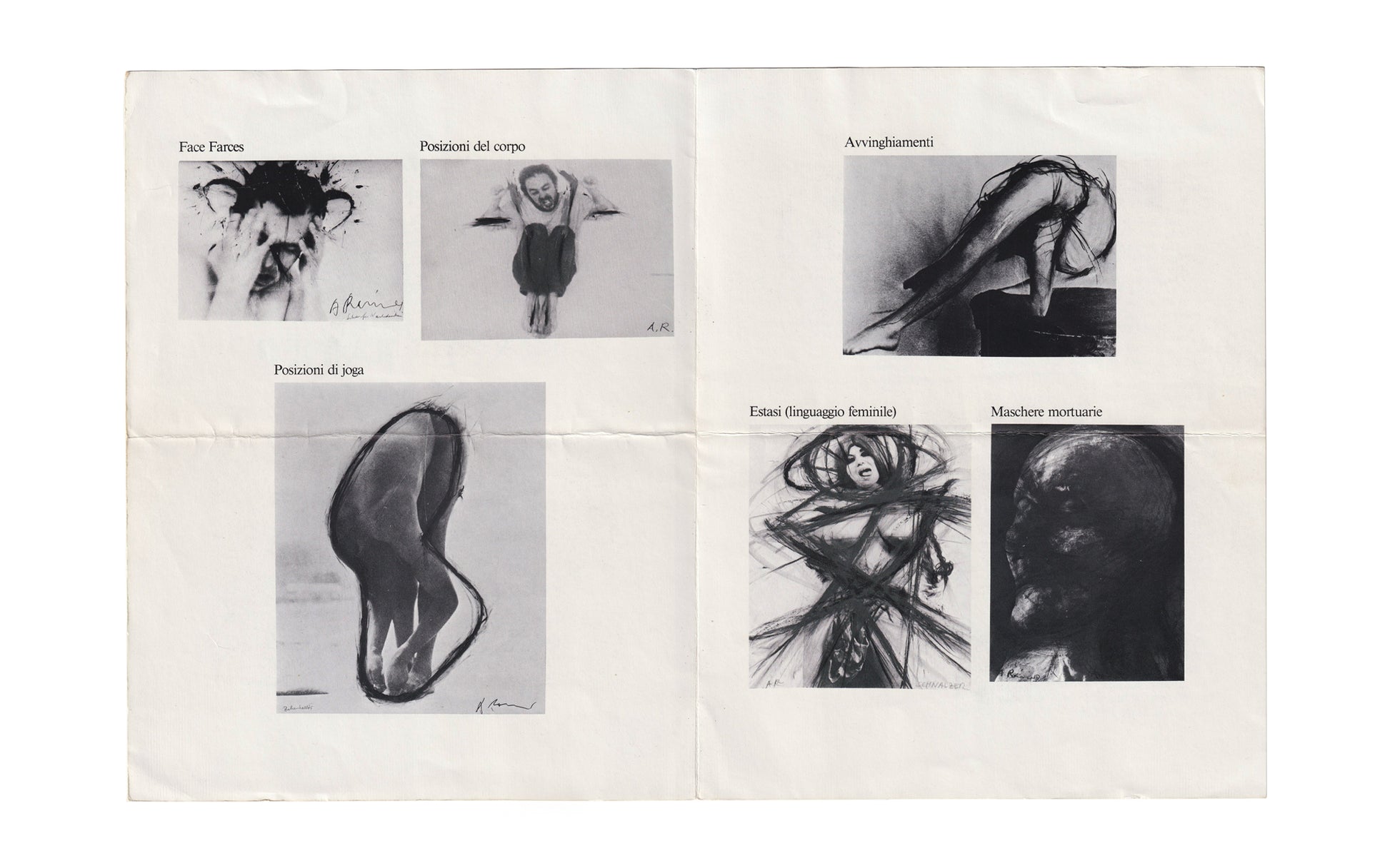 Interior spread from Arnulf Rainer exhibition pamphlet, Biennale di Venezia, 1978. Black-and-white reproductions of photo-based works: Face Farces, Posizioni del corpo, Avvinghiamenti, Posizioni di joga, Estasi (linguaggi