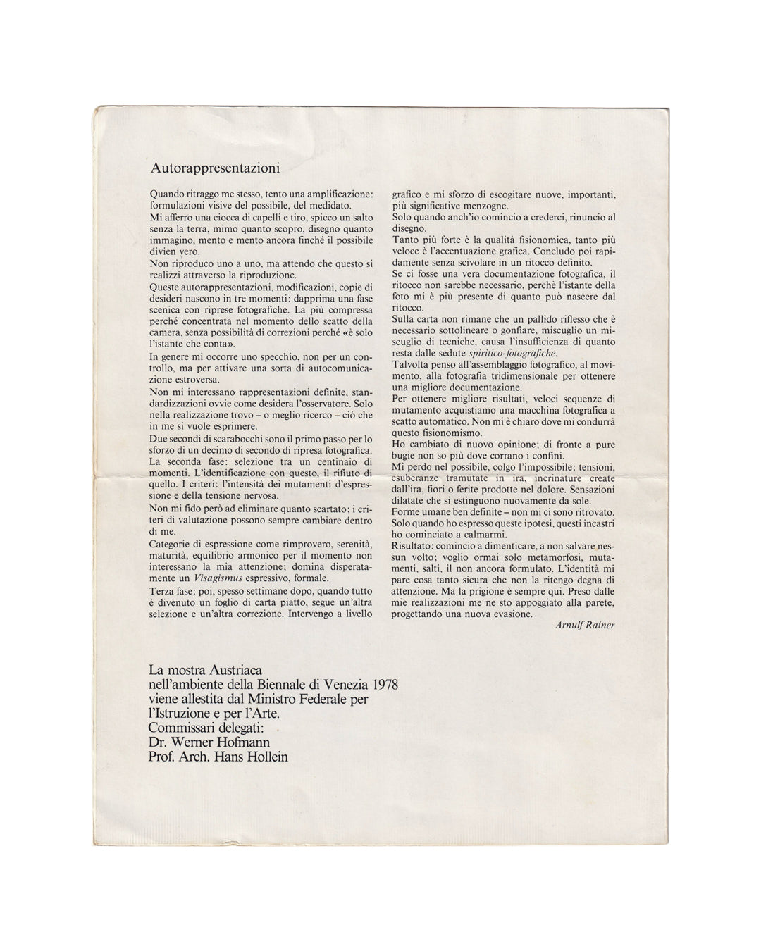  Reverse of Arnulf Rainer exhibition pamphlet, 1978. Full text of Autorappresentazioni in Italian, signed Arnulf Rainer. Biennale di Venezia colophon below.