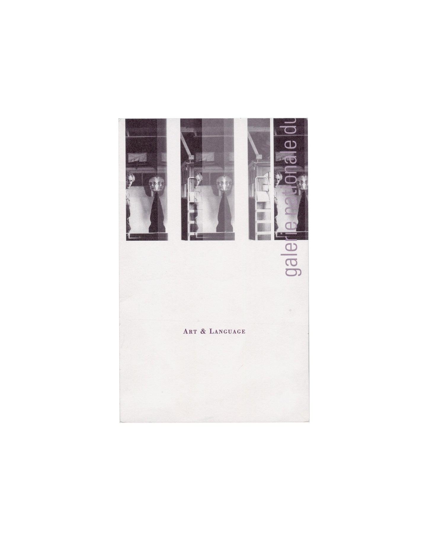Recto — photographic strip Art & Language, Galerie nationale du Jeu de Paume, Paris, 1993–1994. Exhibition invitation recto: offset-printed card, 13 × 21 cm; upper third, strip of three repeated monochrome photographs by Charles Harrison — two figures standing in a gallery or institutional interior, partially obscured by glass reflections and architectural divisions, shelving and industrial ceiling visible behind; grey vertical text along right edge reading 'galerie nationale du' in lowercase sans-serif; lo