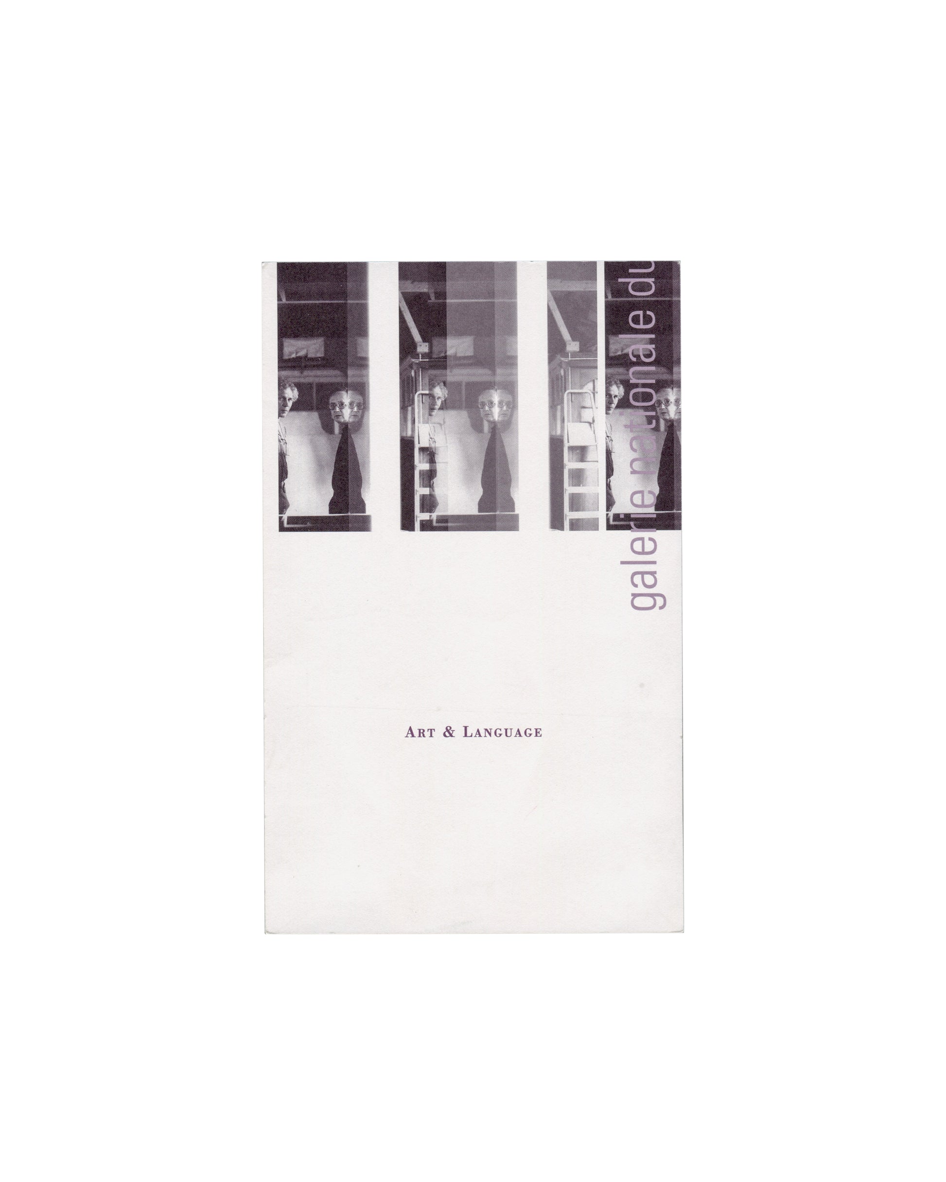 Recto — photographic strip Art & Language, Galerie nationale du Jeu de Paume, Paris, 1993–1994. Exhibition invitation recto: offset-printed card, 13 × 21 cm; upper third, strip of three repeated monochrome photographs by Charles Harrison — two figures standing in a gallery or institutional interior, partially obscured by glass reflections and architectural divisions, shelving and industrial ceiling visible behind; grey vertical text along right edge reading 'galerie nationale du' in lowercase sans-serif; lo
