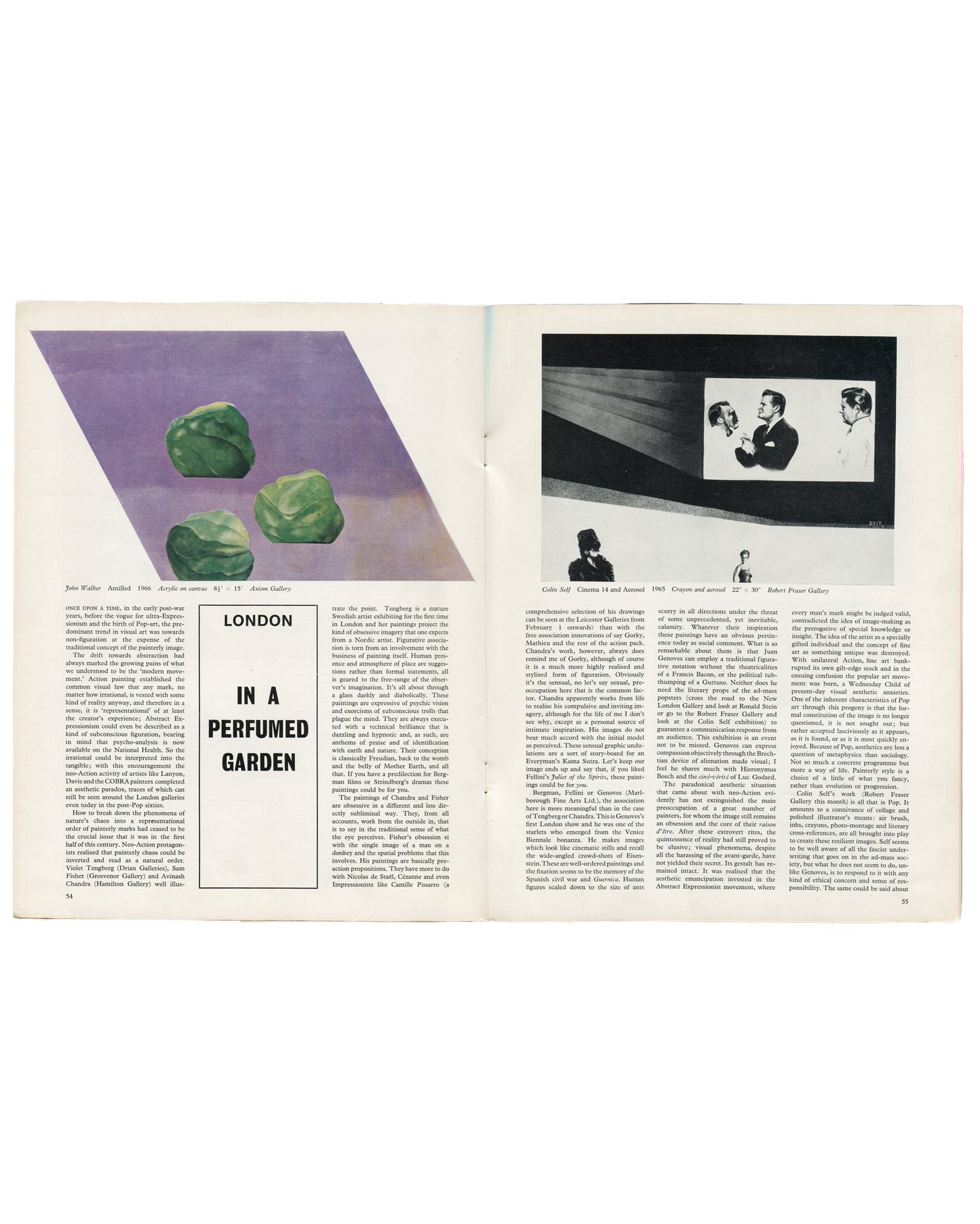 Interior spread of Art and Artists, Vol. 1, No. 11, February 1967. Left page: colour reproduction of John Walker, Antilled, 1966, acrylic on canvas, 91 × 15 cm, Amon Gallery, showing three green ovoid forms on purple ground. Right page: London column 'In a Perfumed Garden' with black-and-white reproduction of Colin Self, Cinema 14 and Astroid, 1965, Gravure and acrylic, 22 × 30 in, Robert Fraser Gallery. Dense two-column critical text throughout.


