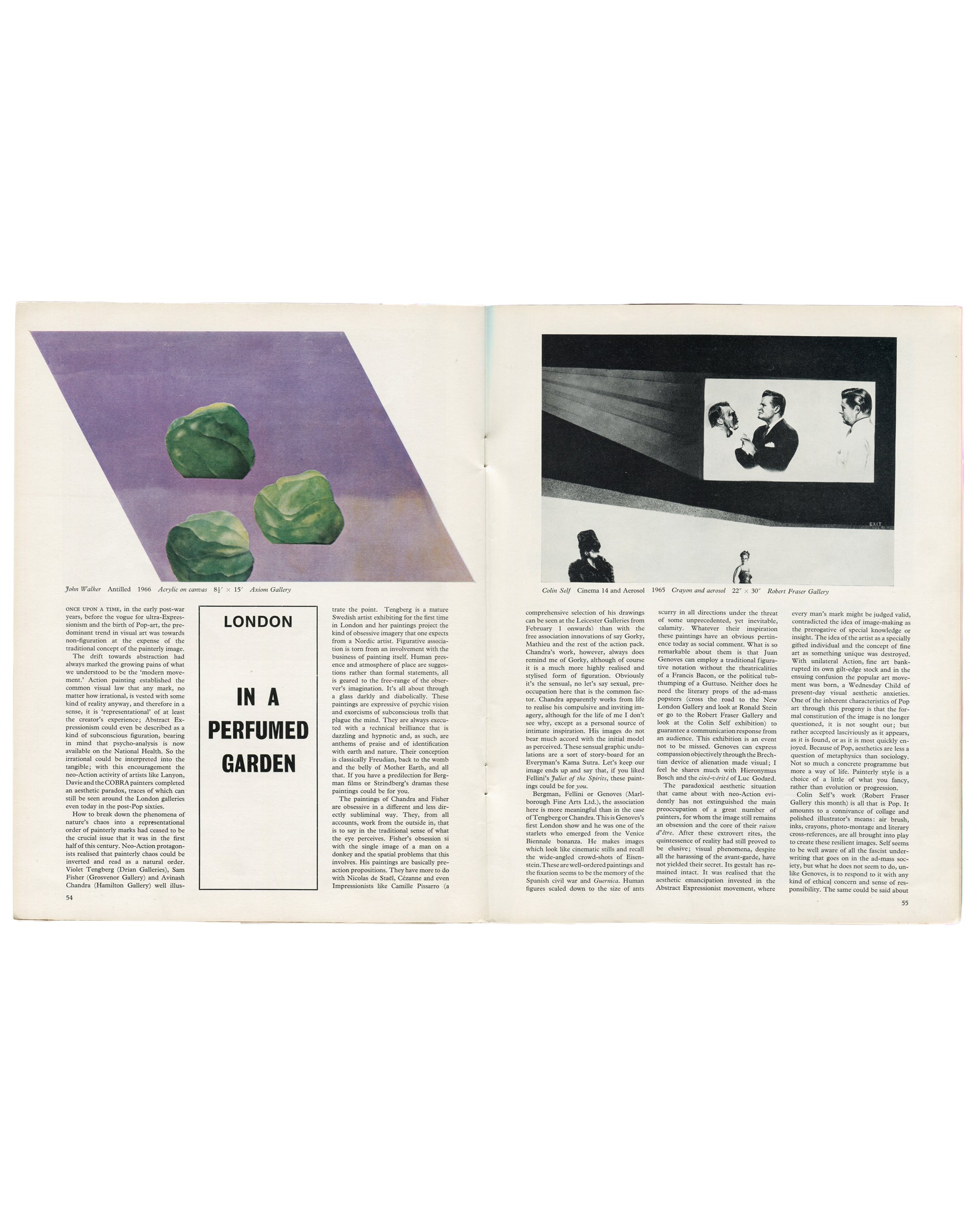 Interior spread of Art and Artists, Vol. 1, No. 11, February 1967. Left page: colour reproduction of John Walker, Antilled, 1966, acrylic on canvas, 91 × 15 cm, Amon Gallery, showing three green ovoid forms on purple ground. Right page: London column 'In a Perfumed Garden' with black-and-white reproduction of Colin Self, Cinema 14 and Astroid, 1965, Gravure and acrylic, 22 × 30 in, Robert Fraser Gallery. Dense two-column critical text throughout.

