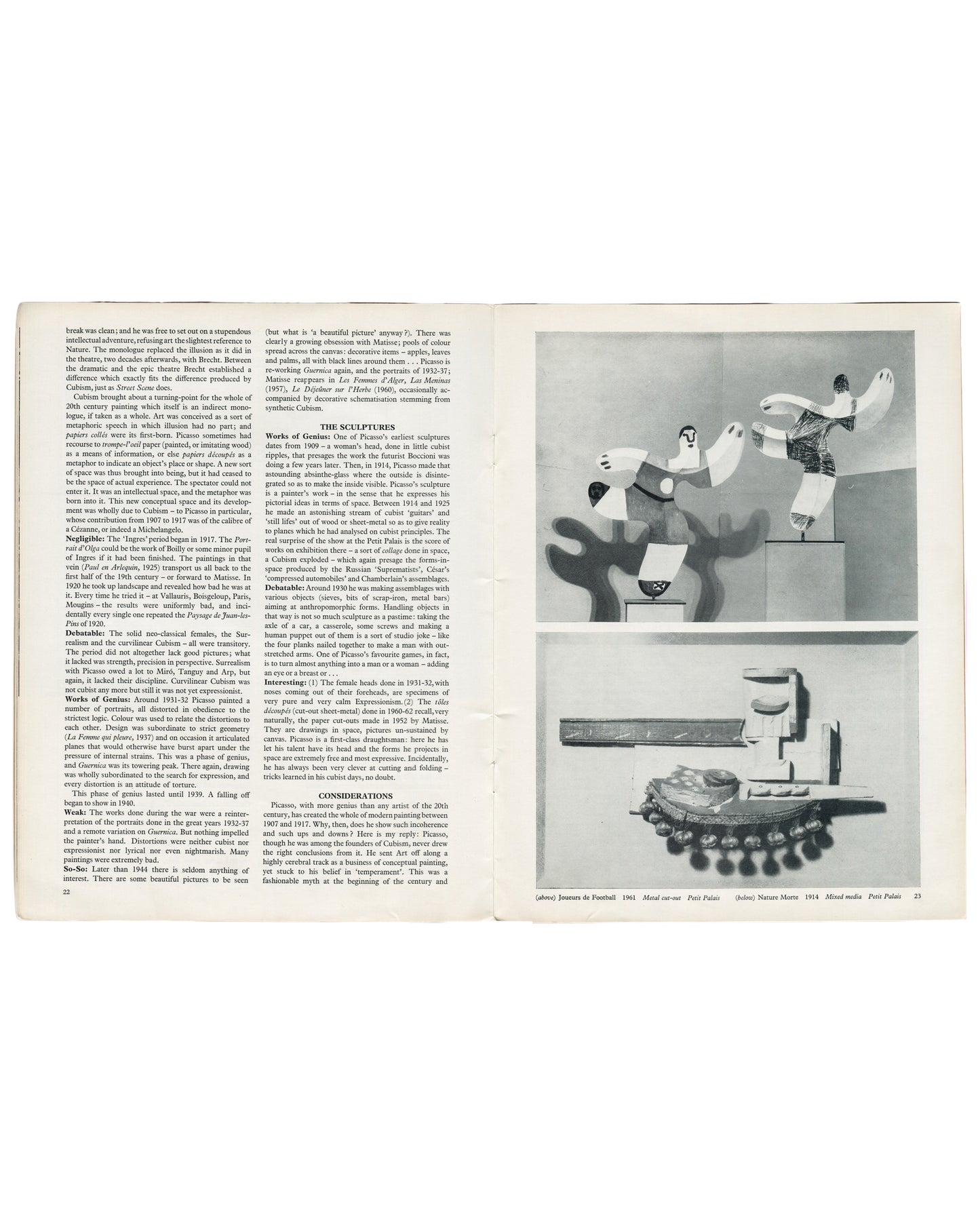 Interior spread of Art and Artists, Vol. 1, No. 11, February 1967. Left page: two-column essay text on Cubism. Right page: black-and-white reproductions of Picasso sculptures from the Petit Palais, Paris, including Femme de Football, 1961, metal cut-out, and Nature Morte, 1914, mixed media. Three works reproduced in vertical sequence on grey ground.

