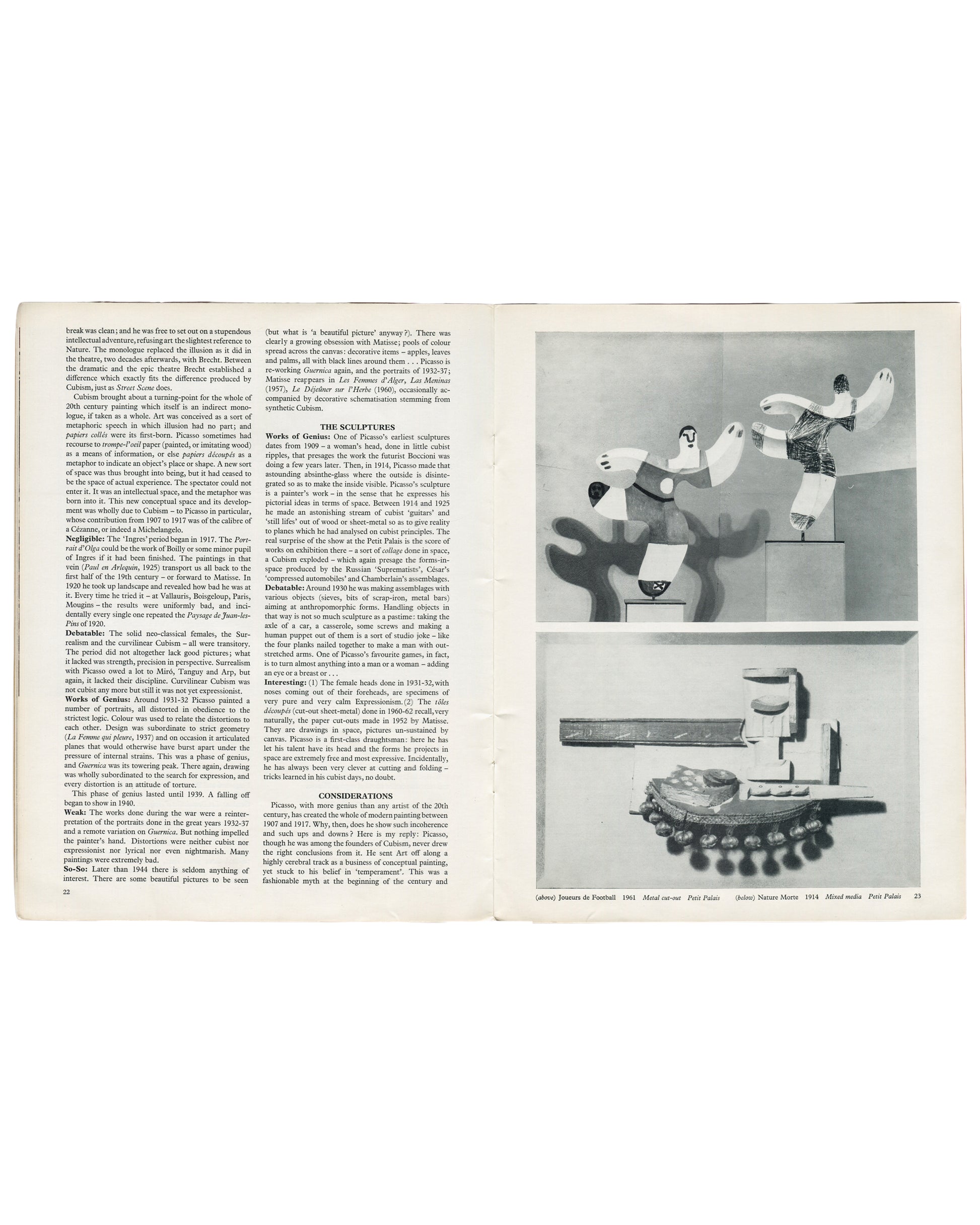 Interior spread of Art and Artists, Vol. 1, No. 11, February 1967. Left page: two-column essay text on Cubism. Right page: black-and-white reproductions of Picasso sculptures from the Petit Palais, Paris, including Femme de Football, 1961, metal cut-out, and Nature Morte, 1914, mixed media. Three works reproduced in vertical sequence on grey ground.

